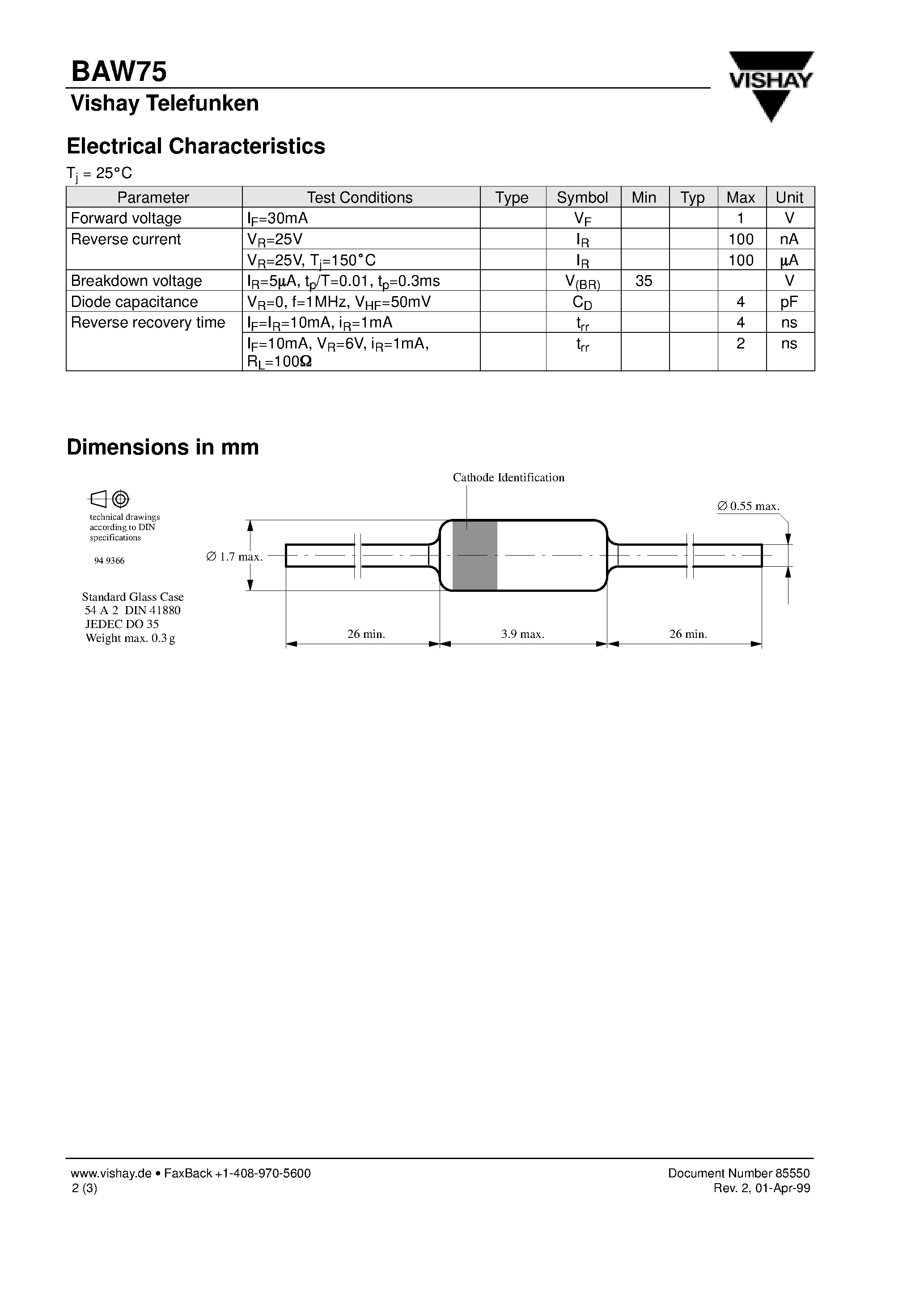 Datasheet BAW75 page 2 Datasheet BAW75 - Silicon Epitaxial Planar Diode page 2