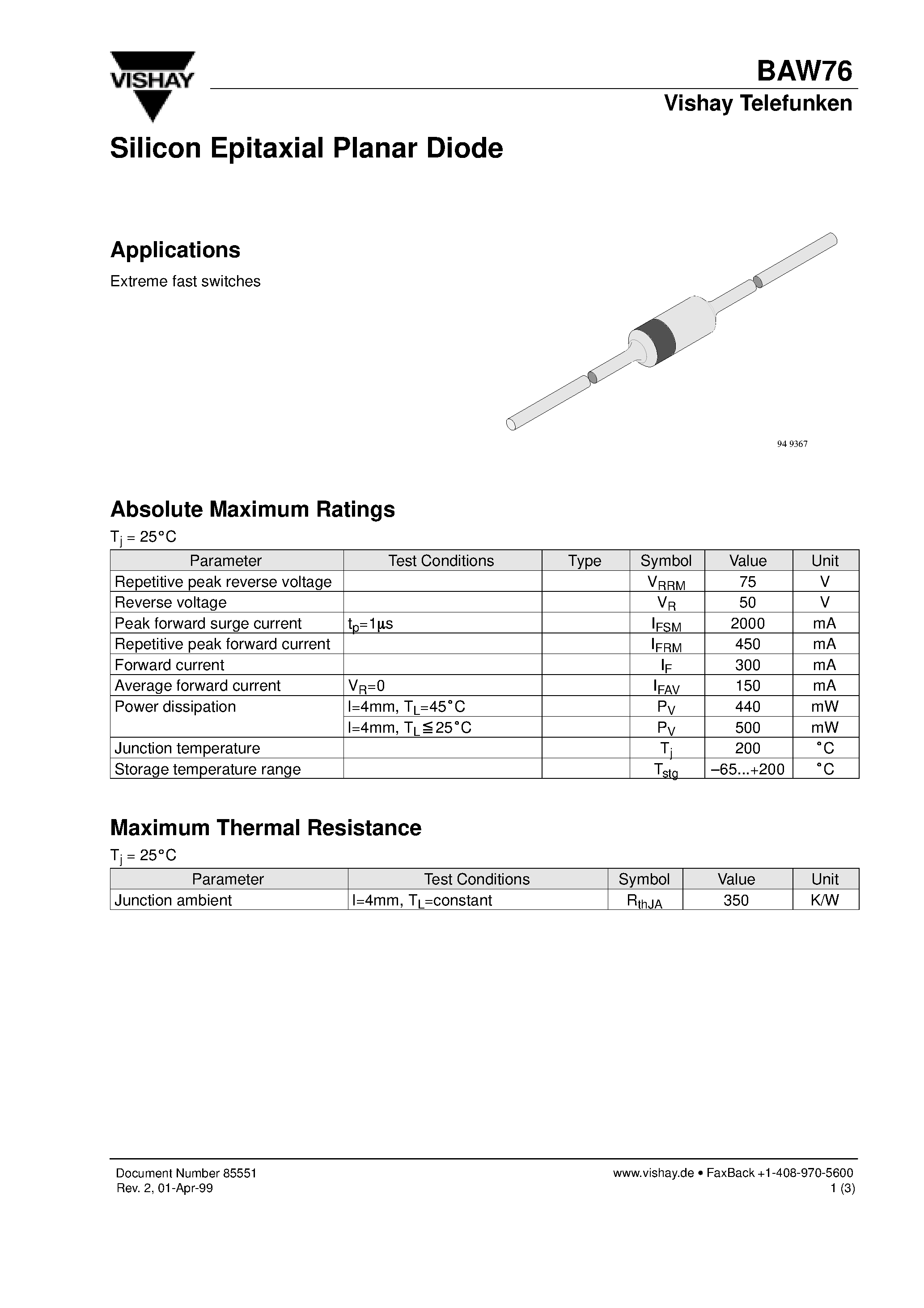 Datasheet BAW76 page 1 Datasheet BAW76 - Silicon Epitaxial Planar Diode page 1