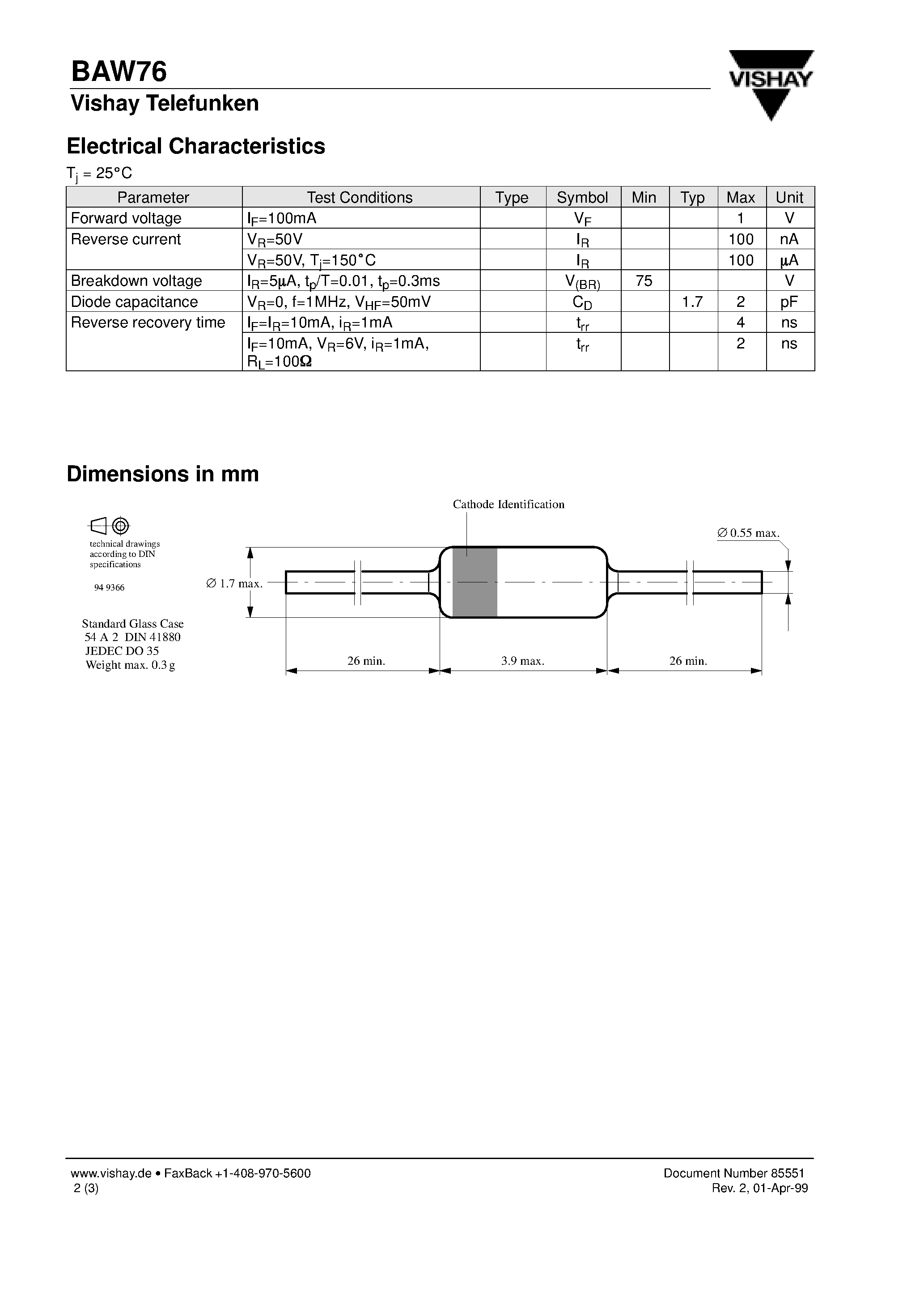 Datasheet BAW76 page 2 Datasheet BAW76 - Silicon Epitaxial Planar Diode page 2