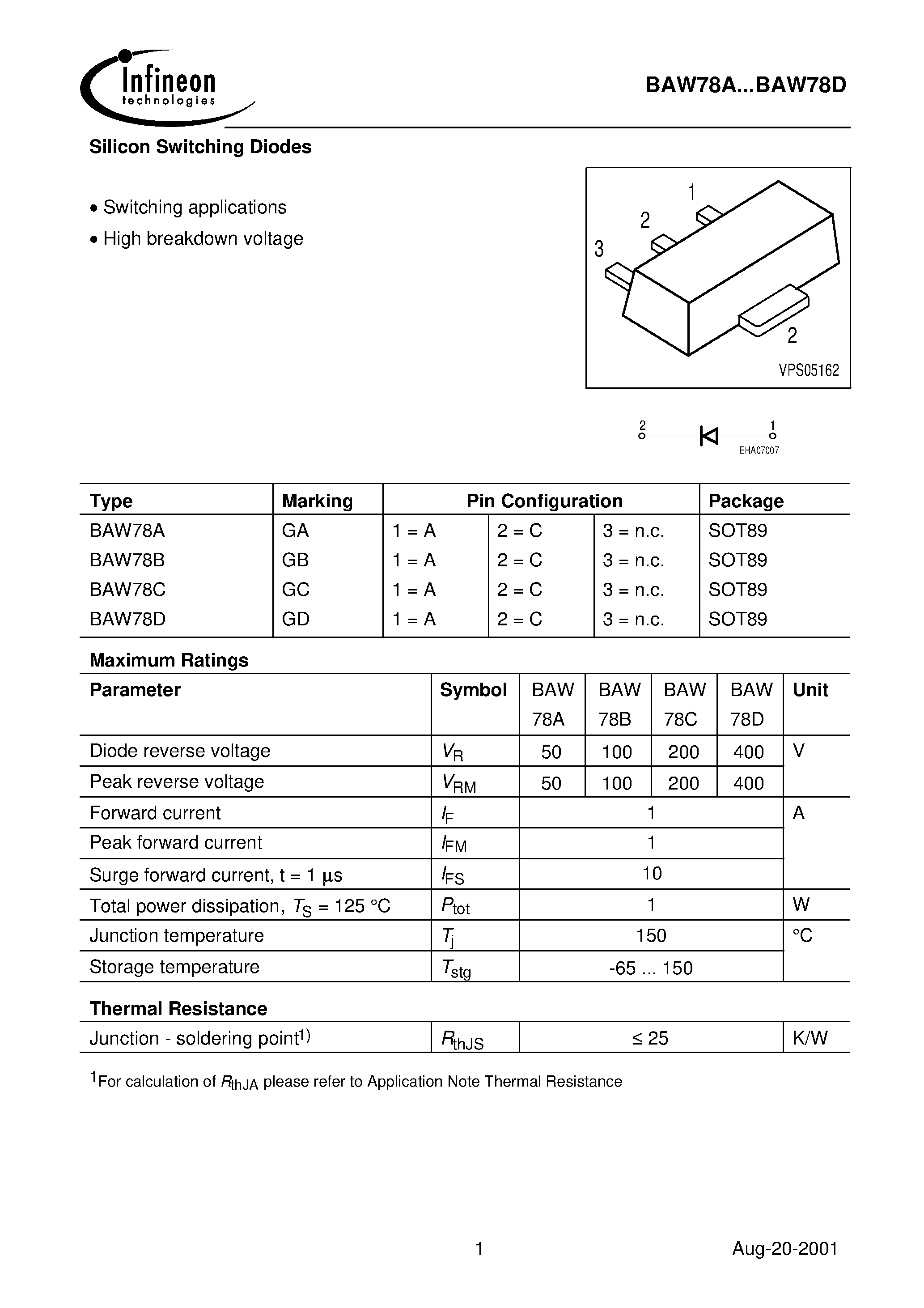 Даташит на микросхему BAW78A страница 1 Даташит BAW78A - Silicon Switching Diodes страница 1