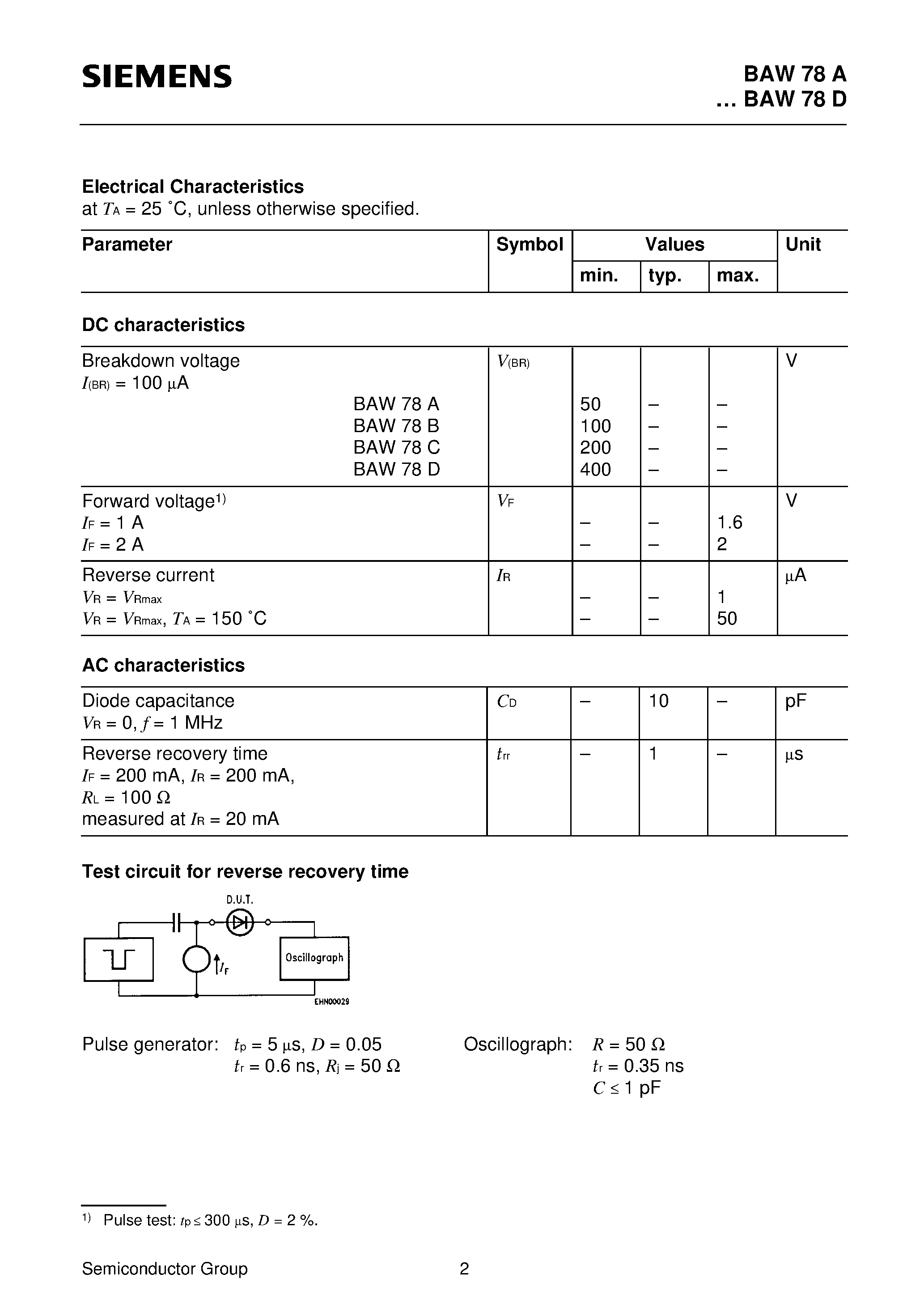 Даташит на микросхему BAW78A-BAW78D страница 2 Даташит BAW78A-BAW78D - Silicon Switching Diodes (Switching applications High breakdown voltage) страница 2