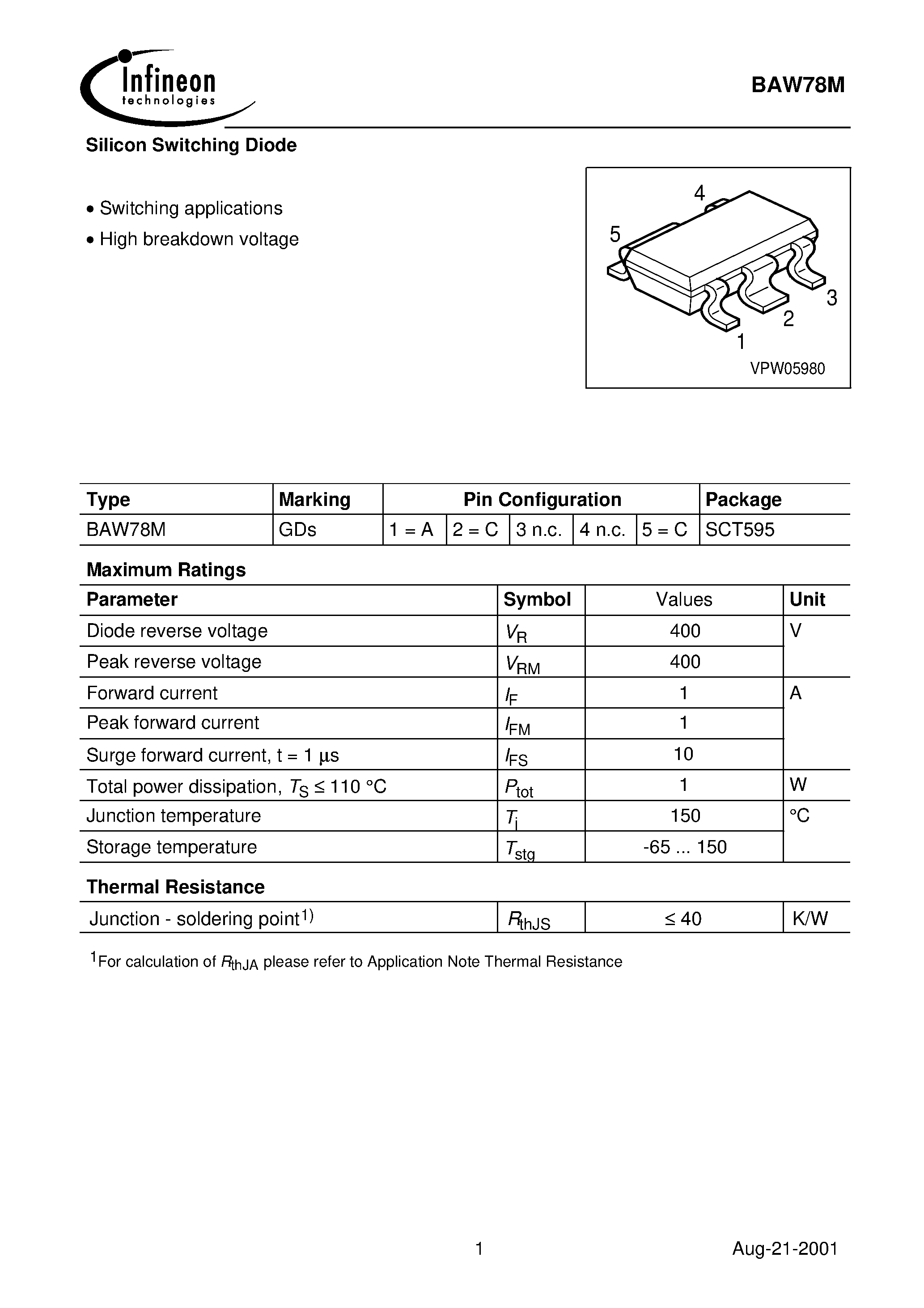 Datasheet BAW78M page 1 Datasheet BAW78M - Silicon Switching Diode page 1