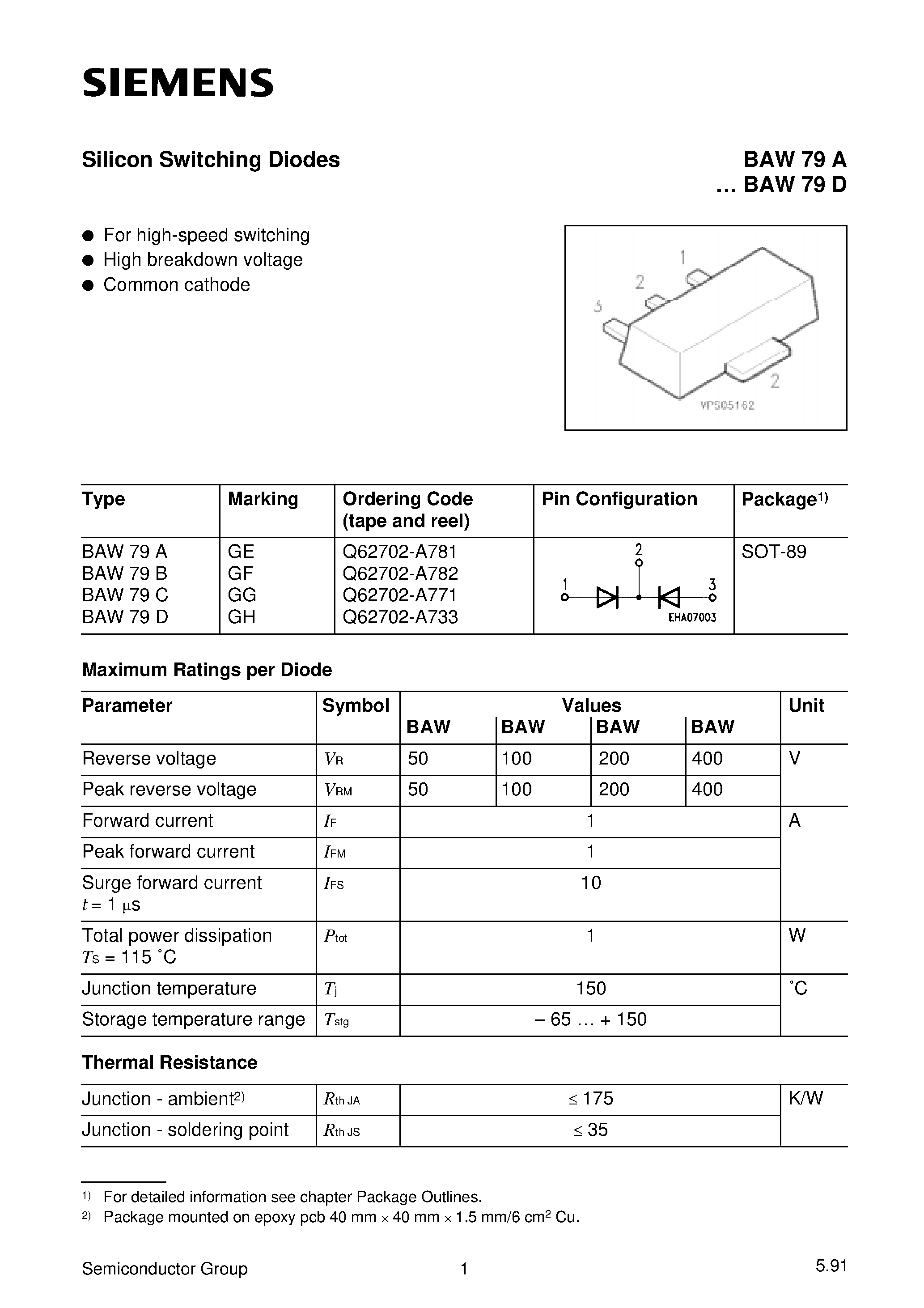 Даташит на микросхему BAW79A страница 1 Даташит BAW79A - Silicon Switching Diodes (For high-speed switching High breakdown voltage Common cathode) страница 1