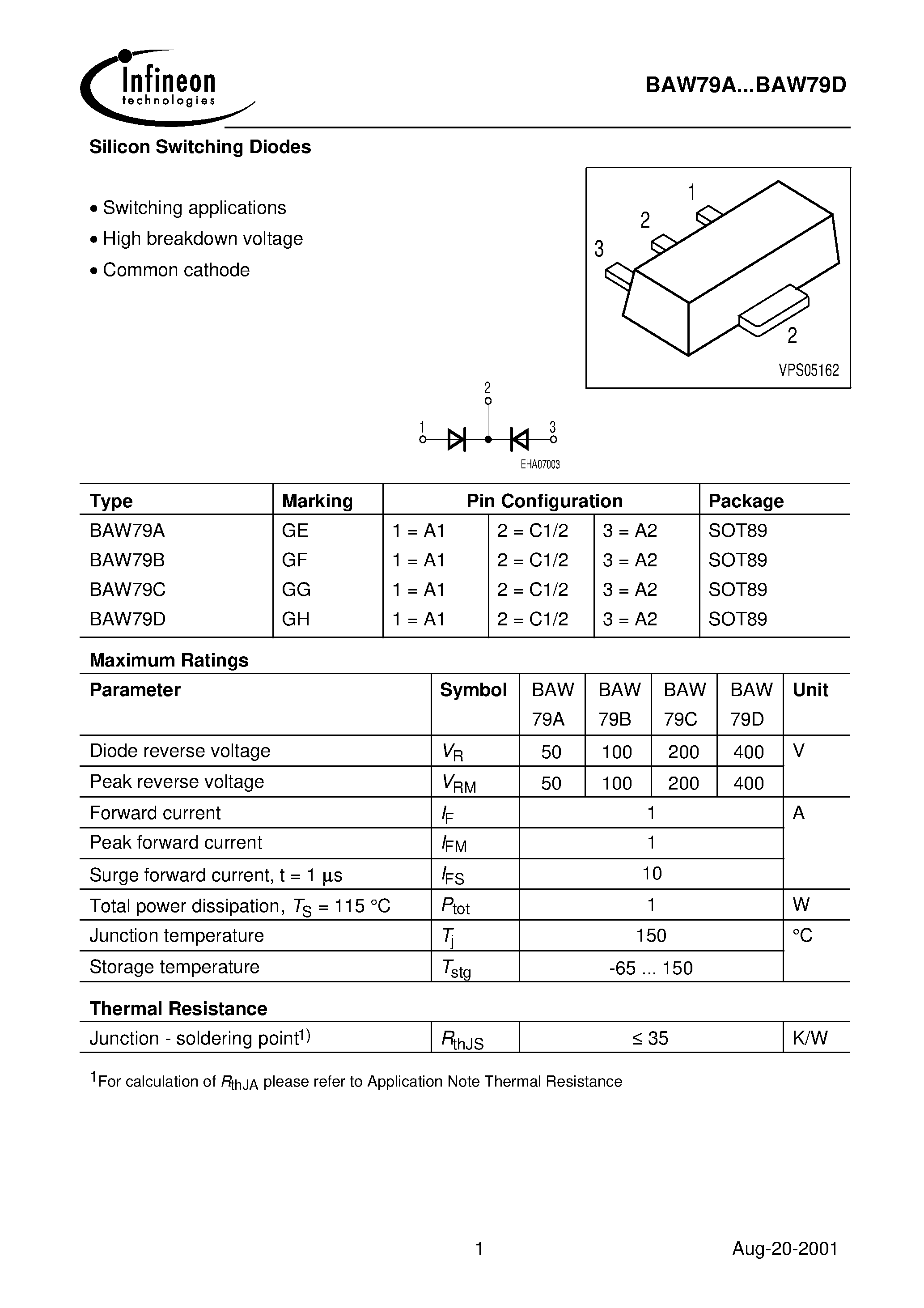 Даташит на микросхему BAW79C страница 1 Даташит BAW79C - Silicon Switching Diodes страница 1