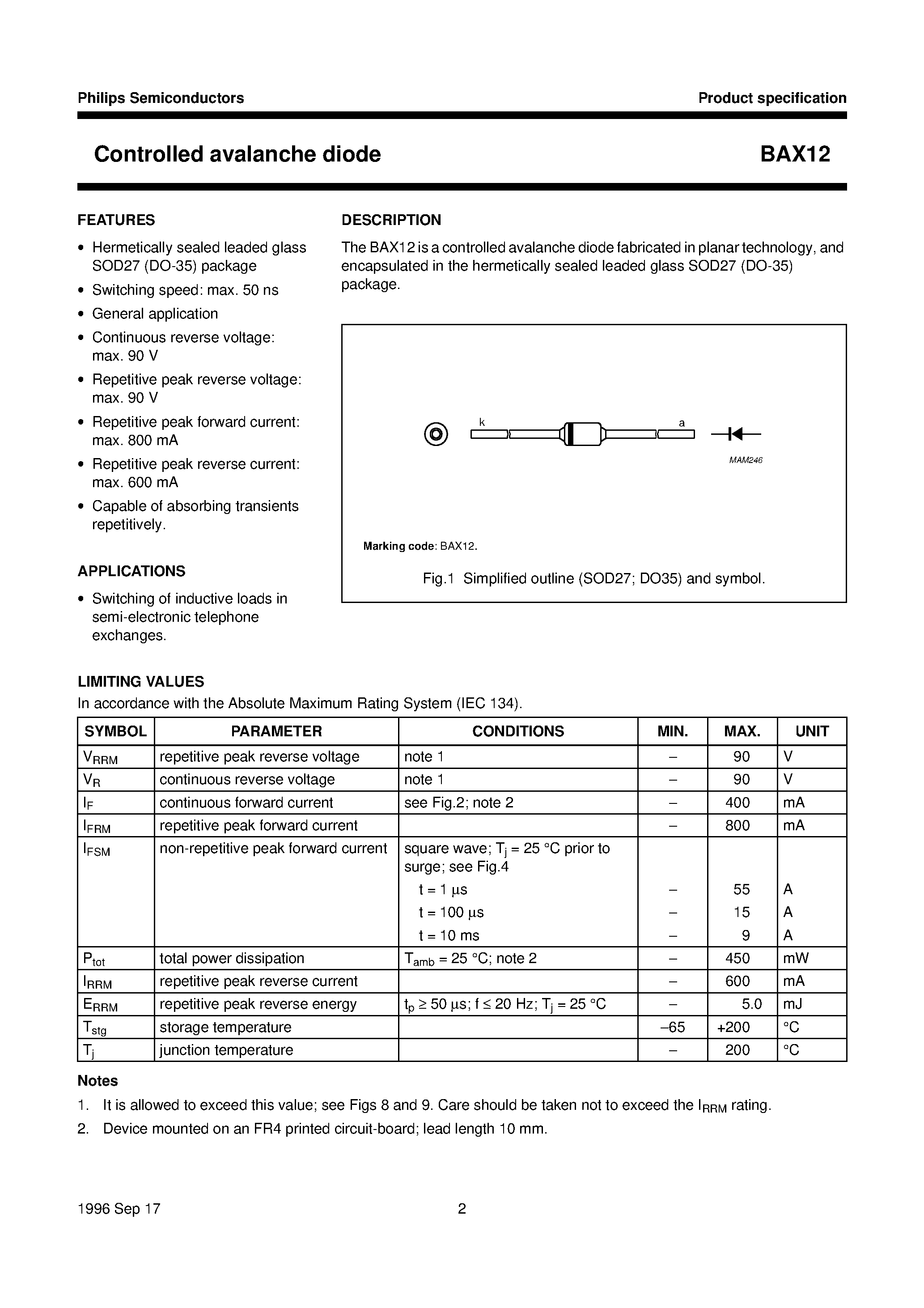 Datasheet BAX12 page 2 Datasheet BAX12 - Controlled avalanche diode page 2