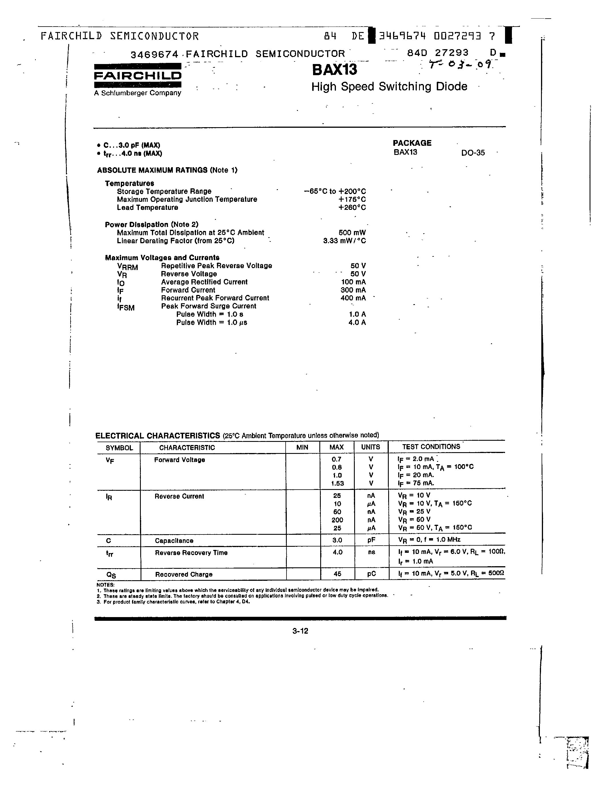 Datasheet BAX13 page 1 Datasheet BAX13 - High Speed Switching Diode page 1