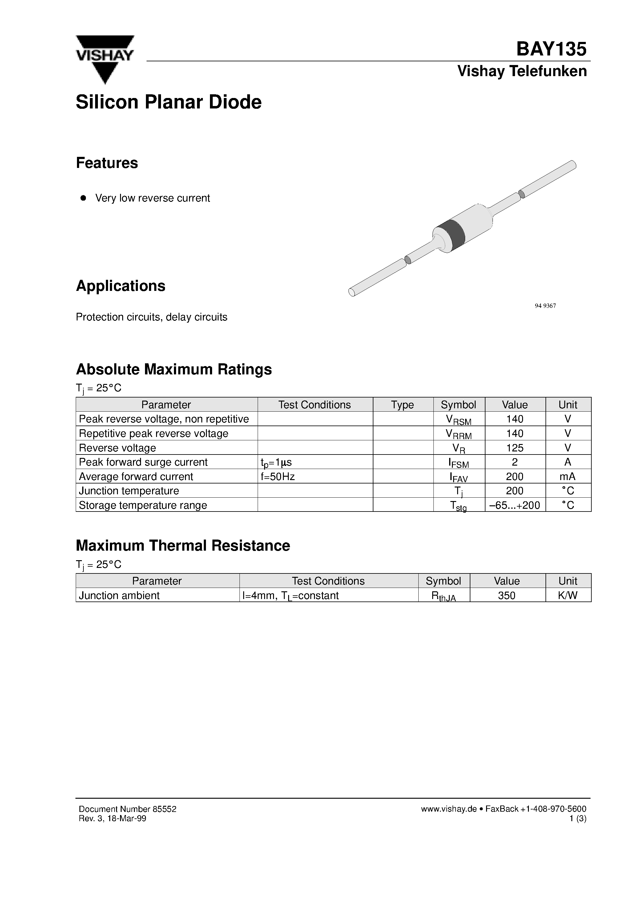 Datasheet BAY135 page 1 Datasheet BAY135 - Silicon Planar Diode page 1