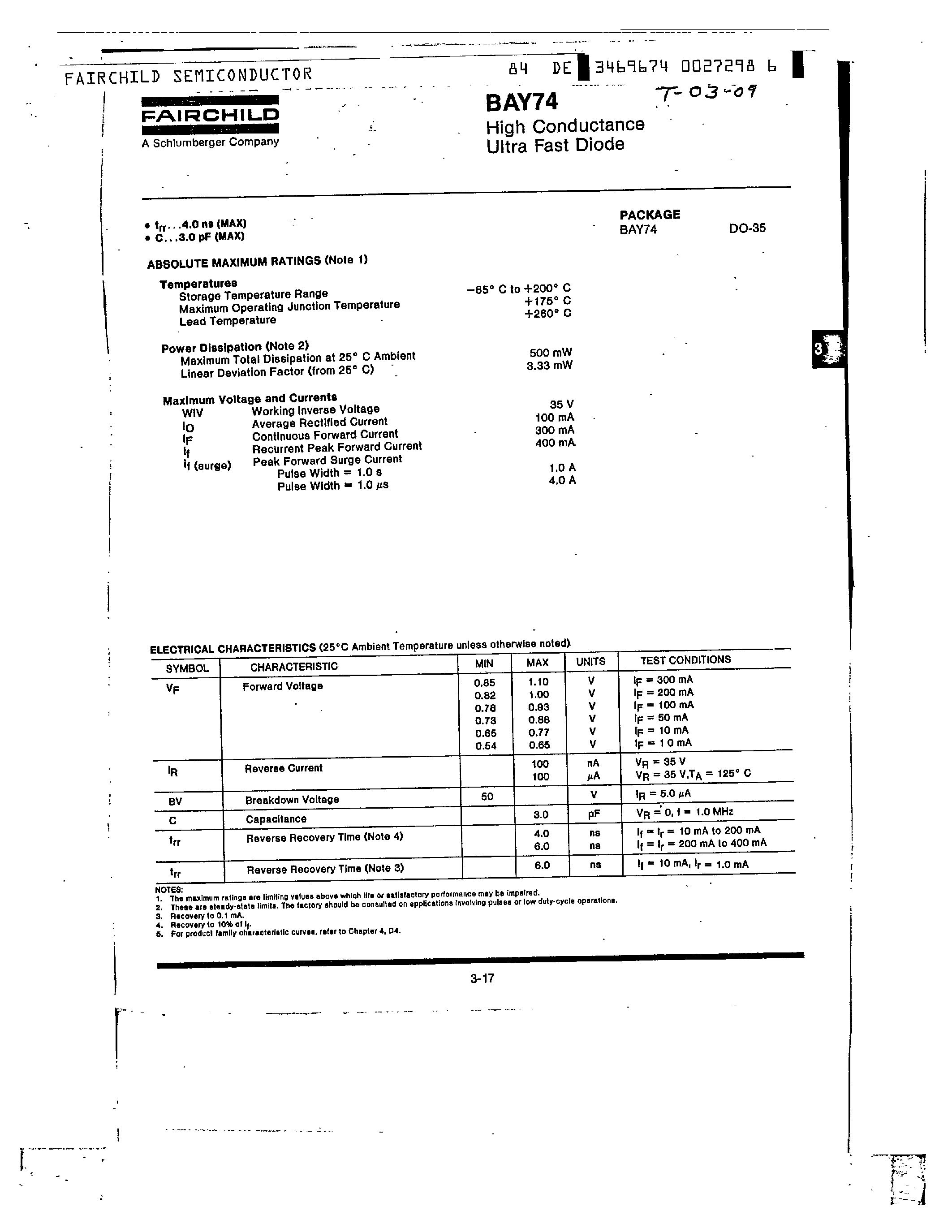 Datasheet BAY74 page 1 Datasheet BAY74 - High Conductance Ultra Fast Diode page 1