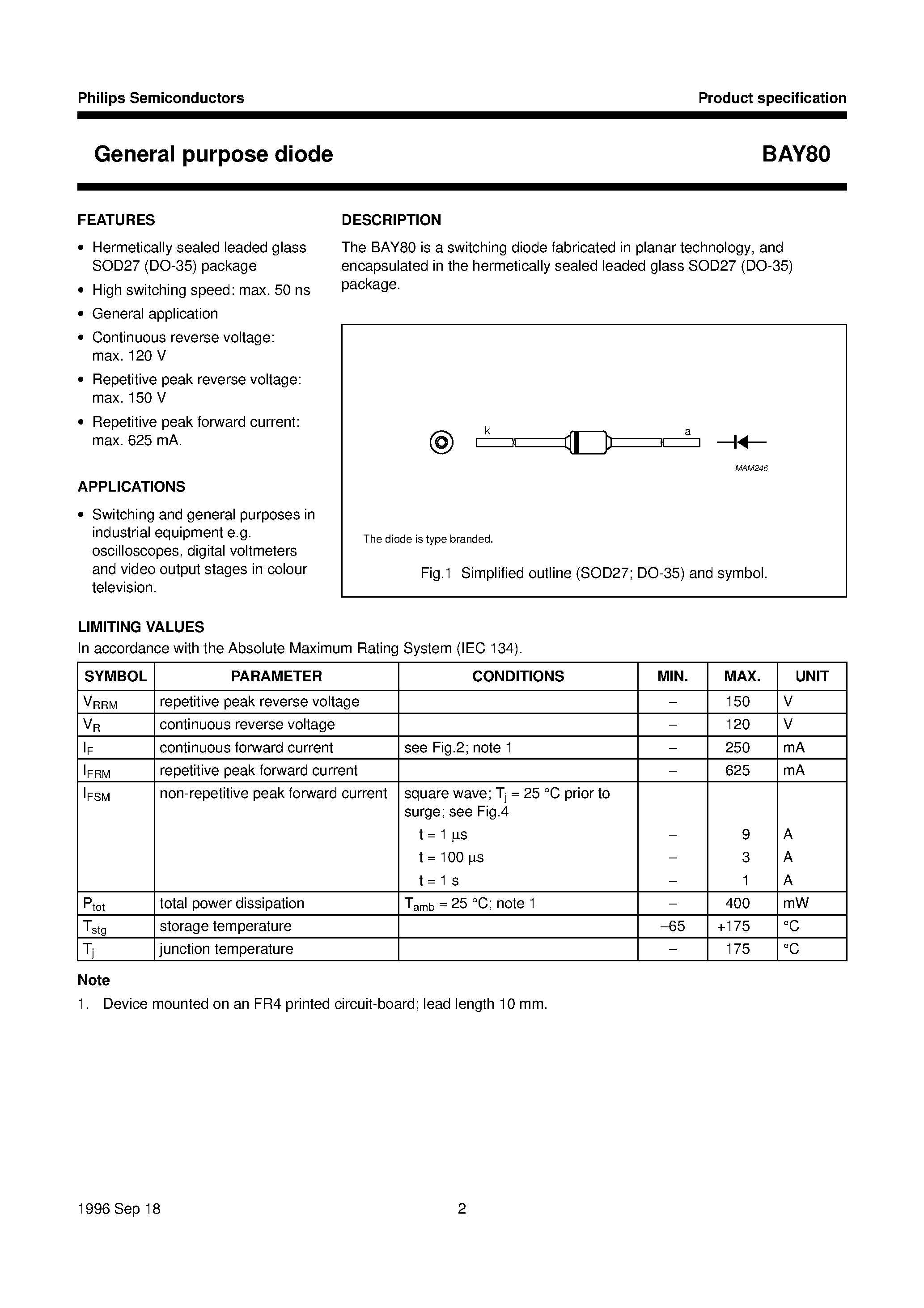Datasheet BAY80 page 2 Datasheet BAY80 - General purpose diode page 2