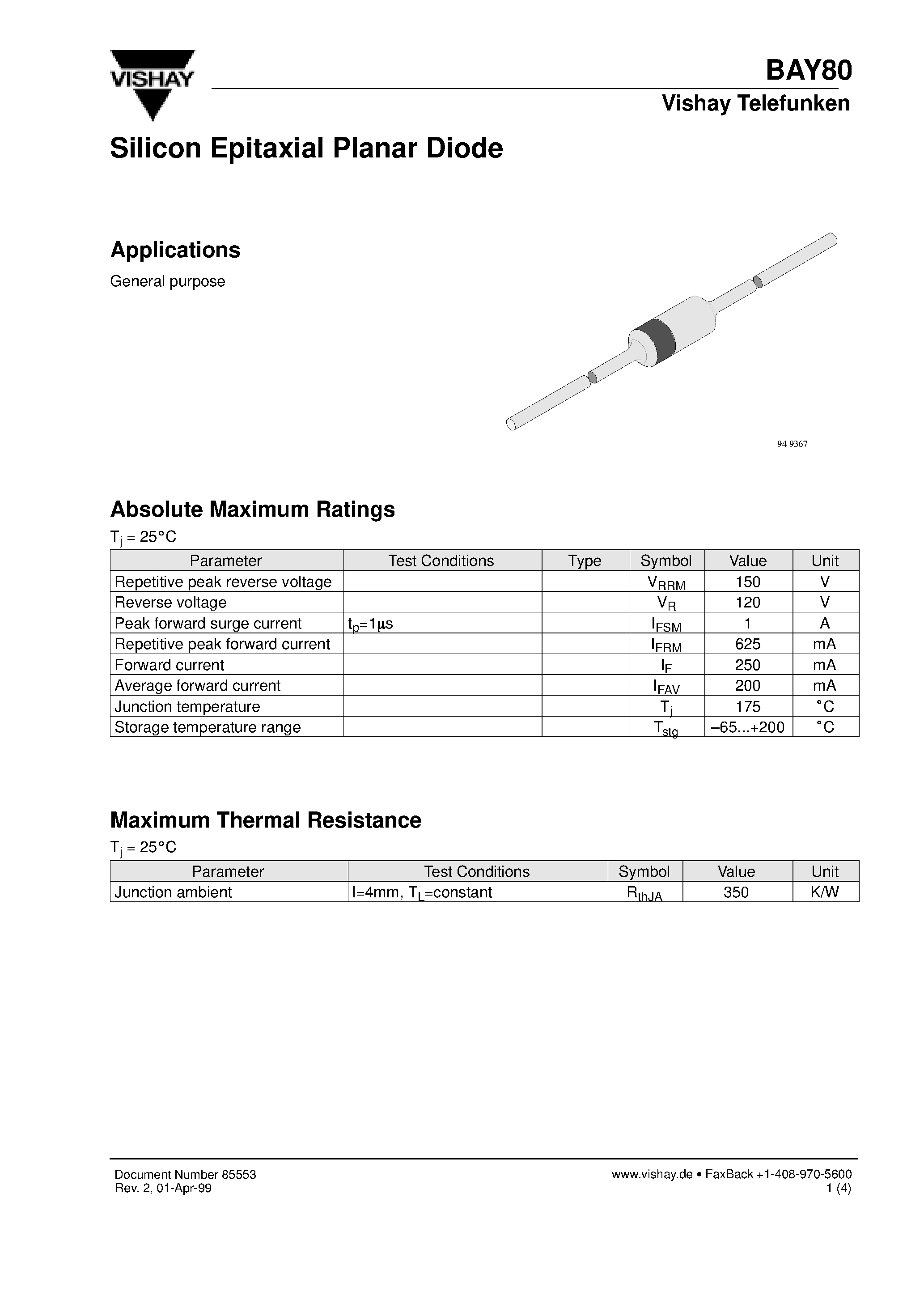 Datasheet BAY80 page 1 Datasheet BAY80 - Silicon Epitaxial Planar Diode page 1