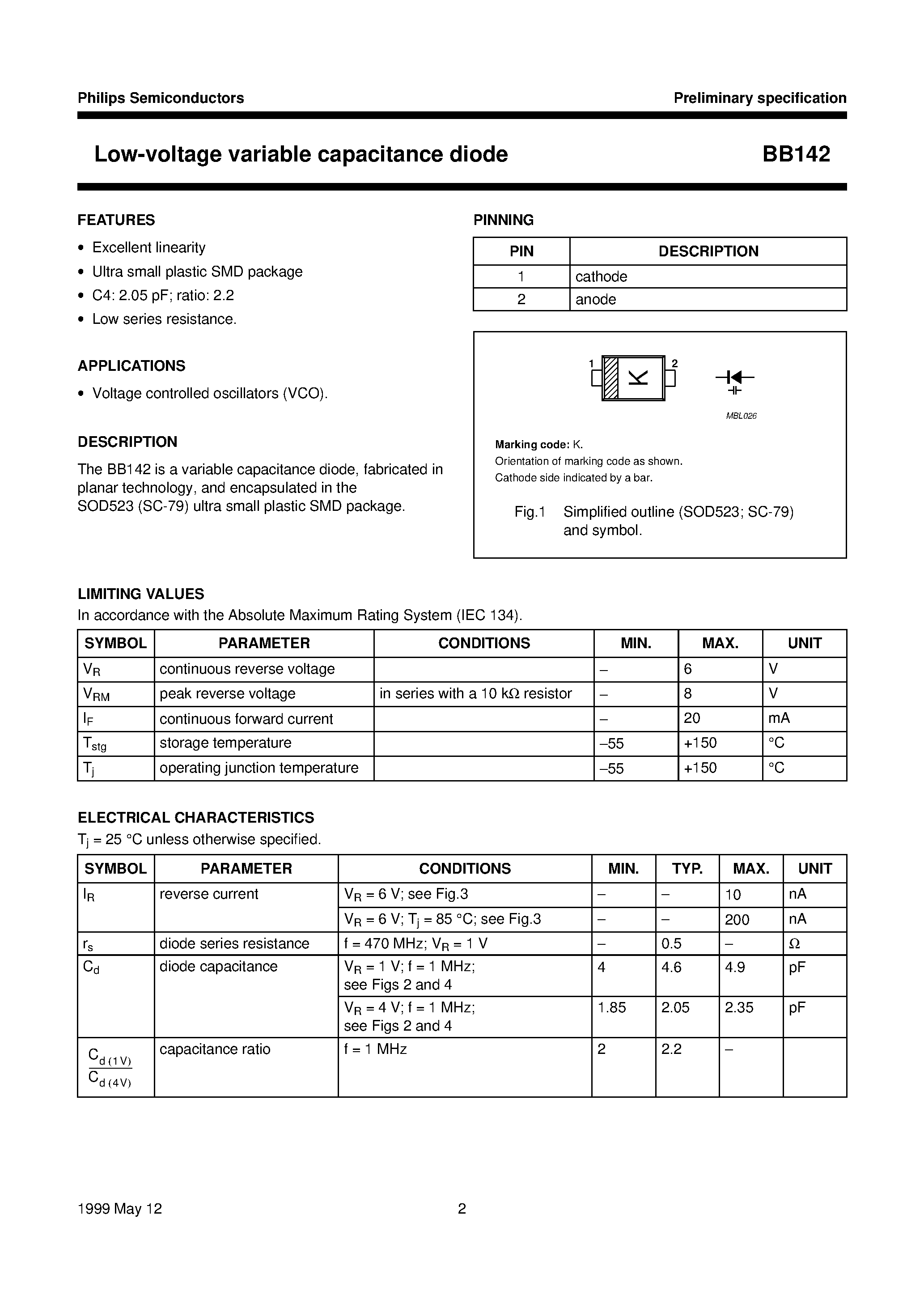 Datasheet BB142 - Low-voltage variable capacitance diode page 2