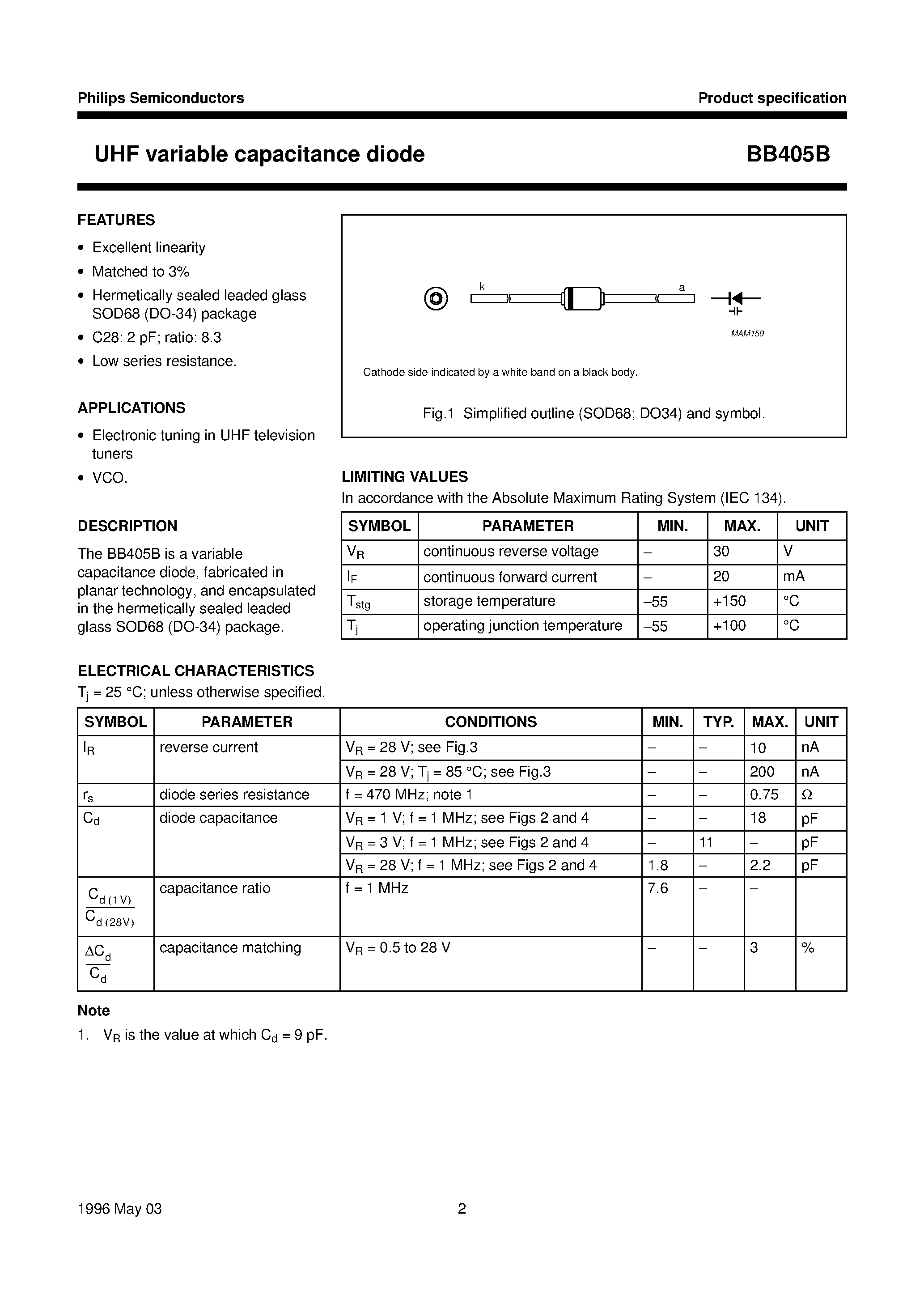 Datasheet BB405 page 2 Datasheet BB405 - UHF variable capacitance diode page 2