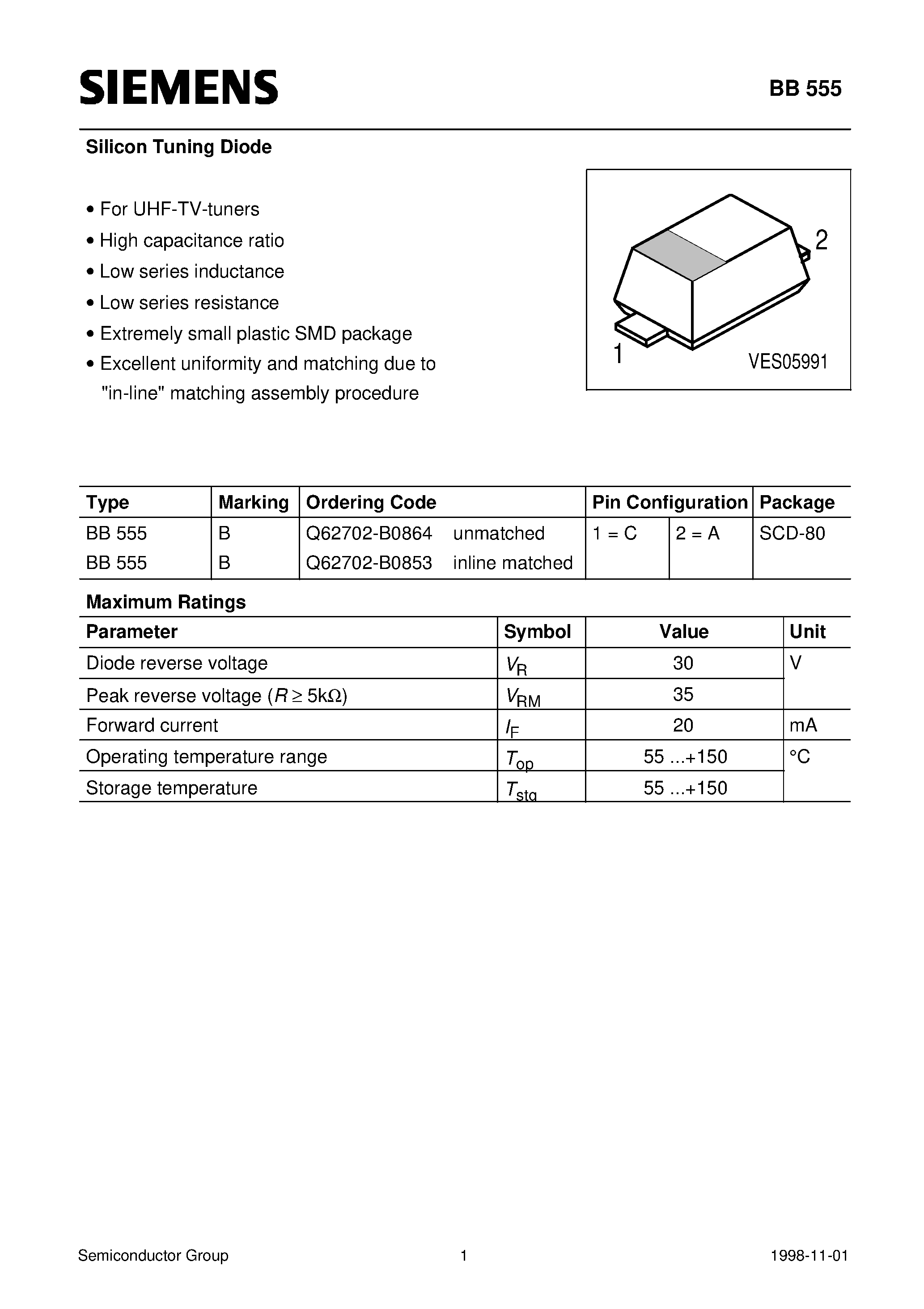 Datasheet BB555 page 1 Datasheet BB555 - Silicon Tuning Diode (For UHF-TV-tuners High capacitance ratio Low series inductance) page 1