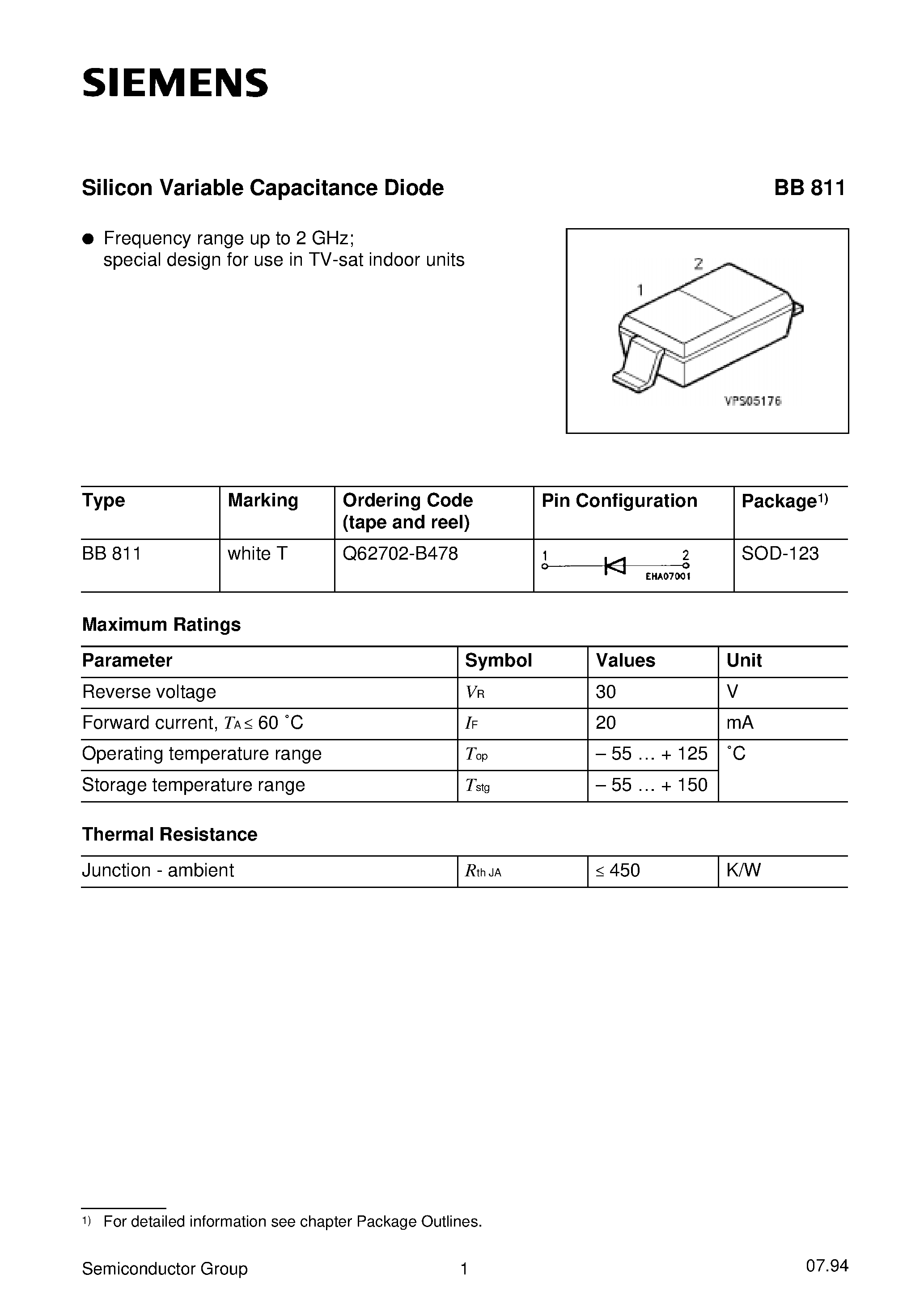 Даташит на микросхему BB811 страница 1 Даташит BB811 - Silicon Variable Capacitance Diode (Frequency range up to 2 GHz special design for use in TV-sat indoor units) страница 1