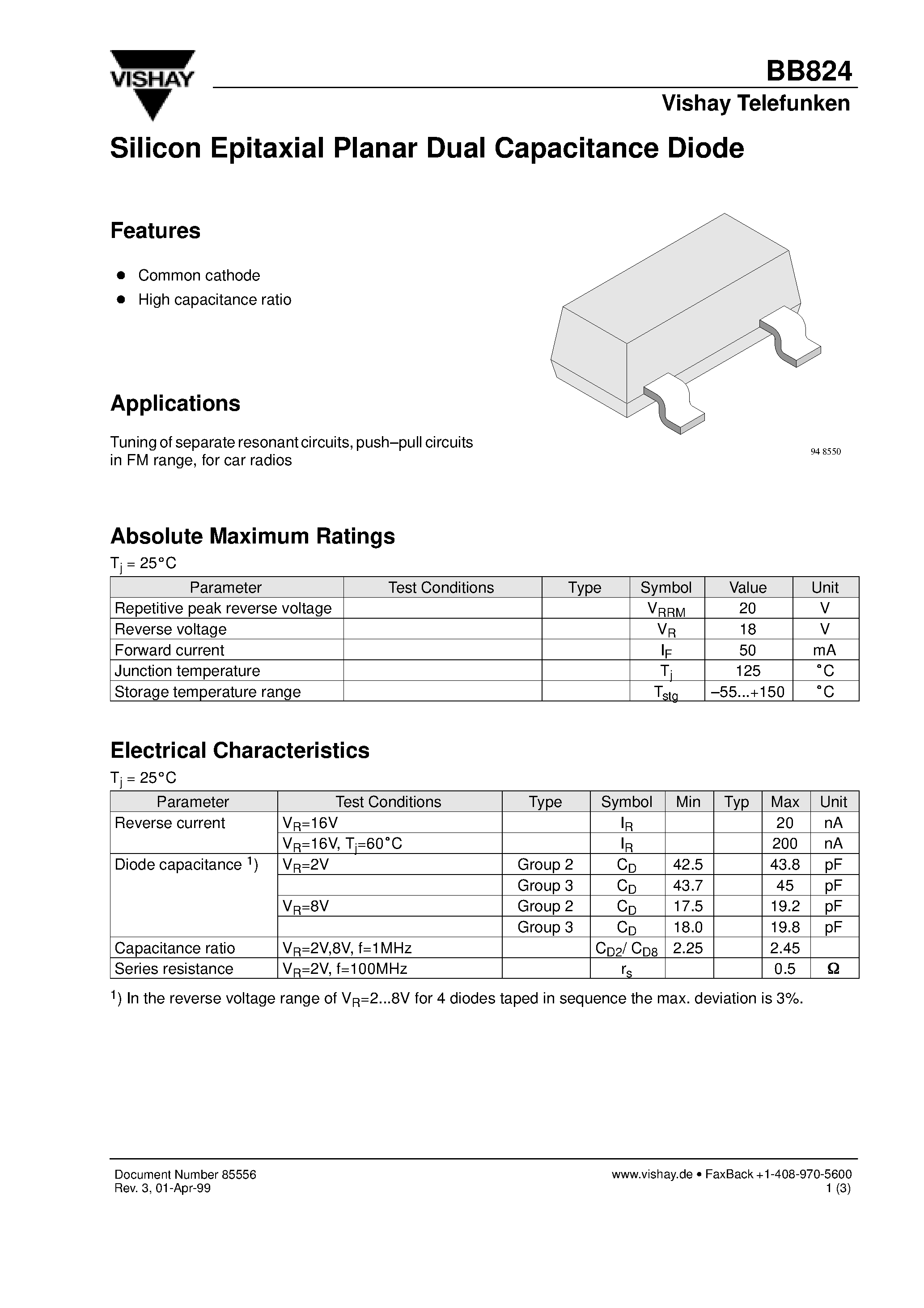 Datasheet BB824 page 1 Datasheet BB824 - Silicon Epitaxial Planar Dual Capacitance Diode page 1