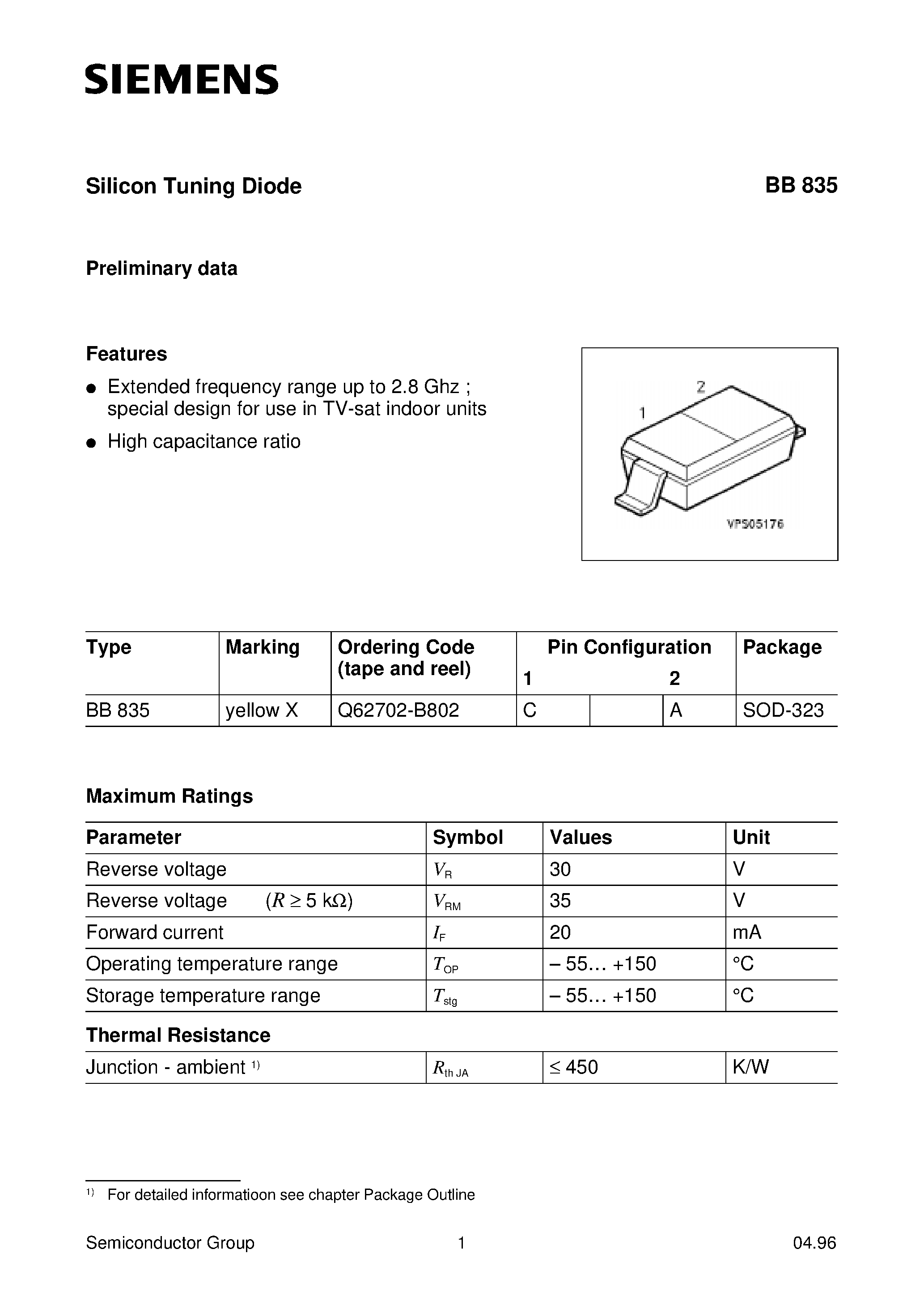Даташит BB835 - Silicon Tuning Diode (Extended frequency range up to 2.8 Ghz special design for use in TV-sat indoor units) страница 1