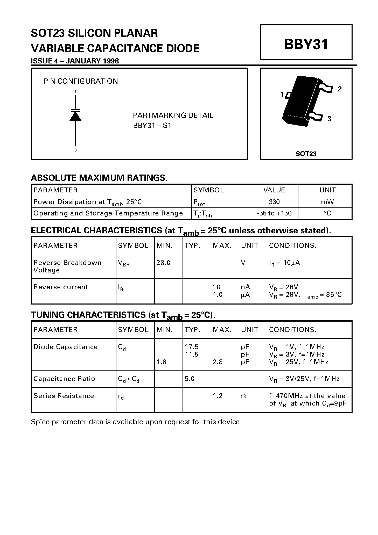 Datasheet BBY31 page 1 Datasheet BBY31 - SILICON PLANAR VARIABLE CAPACITANCE DIODE page 1