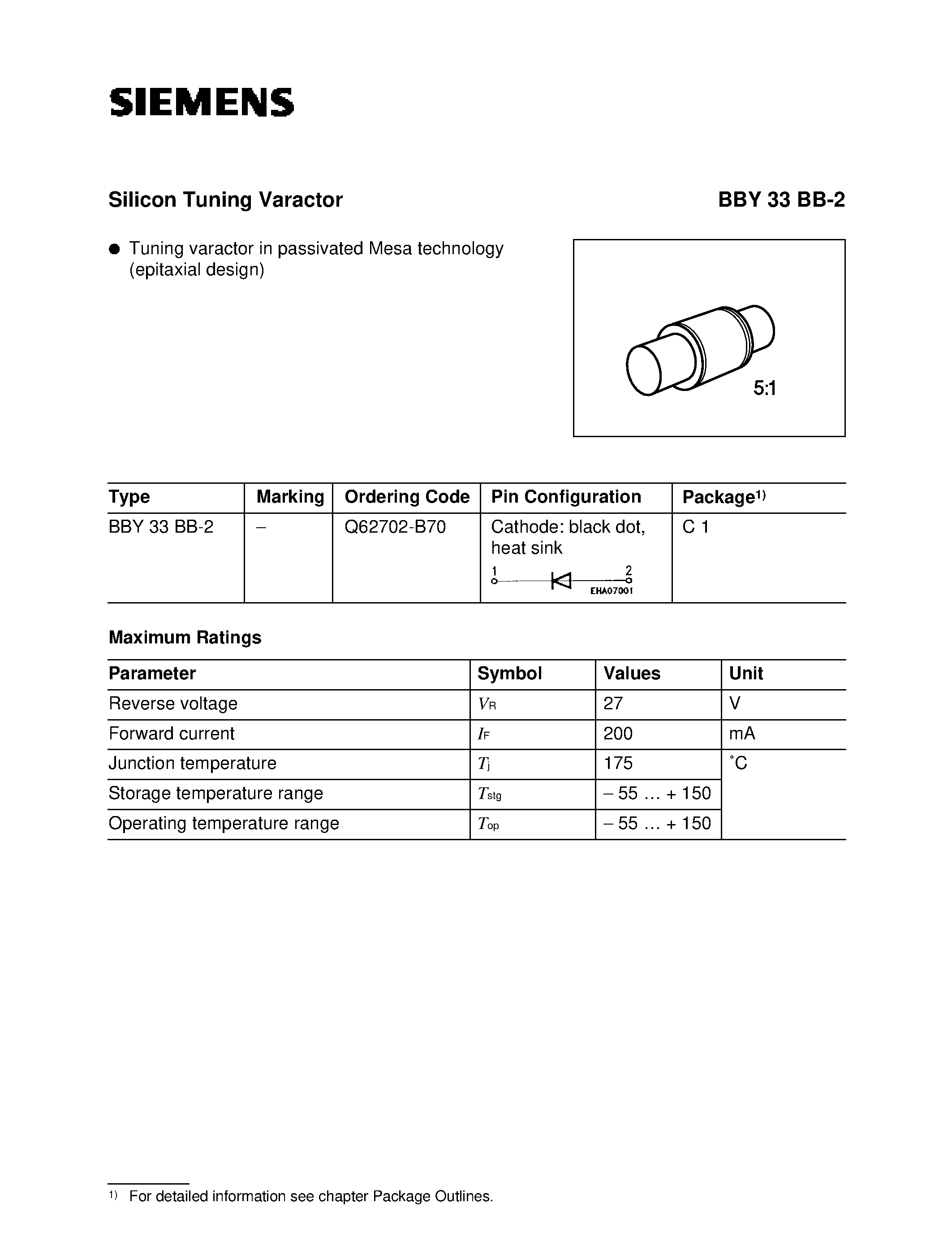 Даташит на микросхему BBY33BB-2 страница 1 Даташит BBY33BB-2 - Silicon Tuning Varactor (Tuning varactor in passivated Mesa technology epitaxial design) страница 1