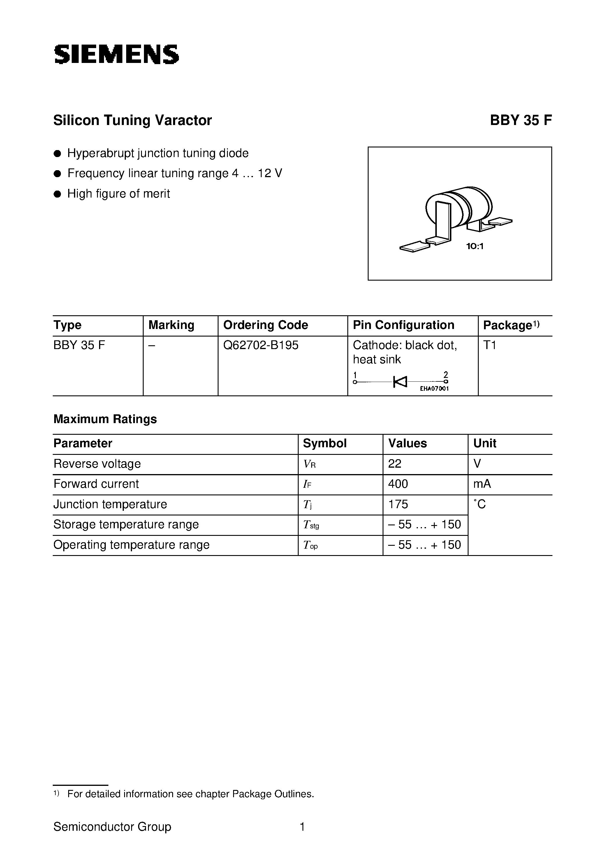 Datasheet BBY35F - Silicon Tuning Varactor (Hyperabrupt junction tuning diode Frequency linear tuning range 4 12 V) page 1