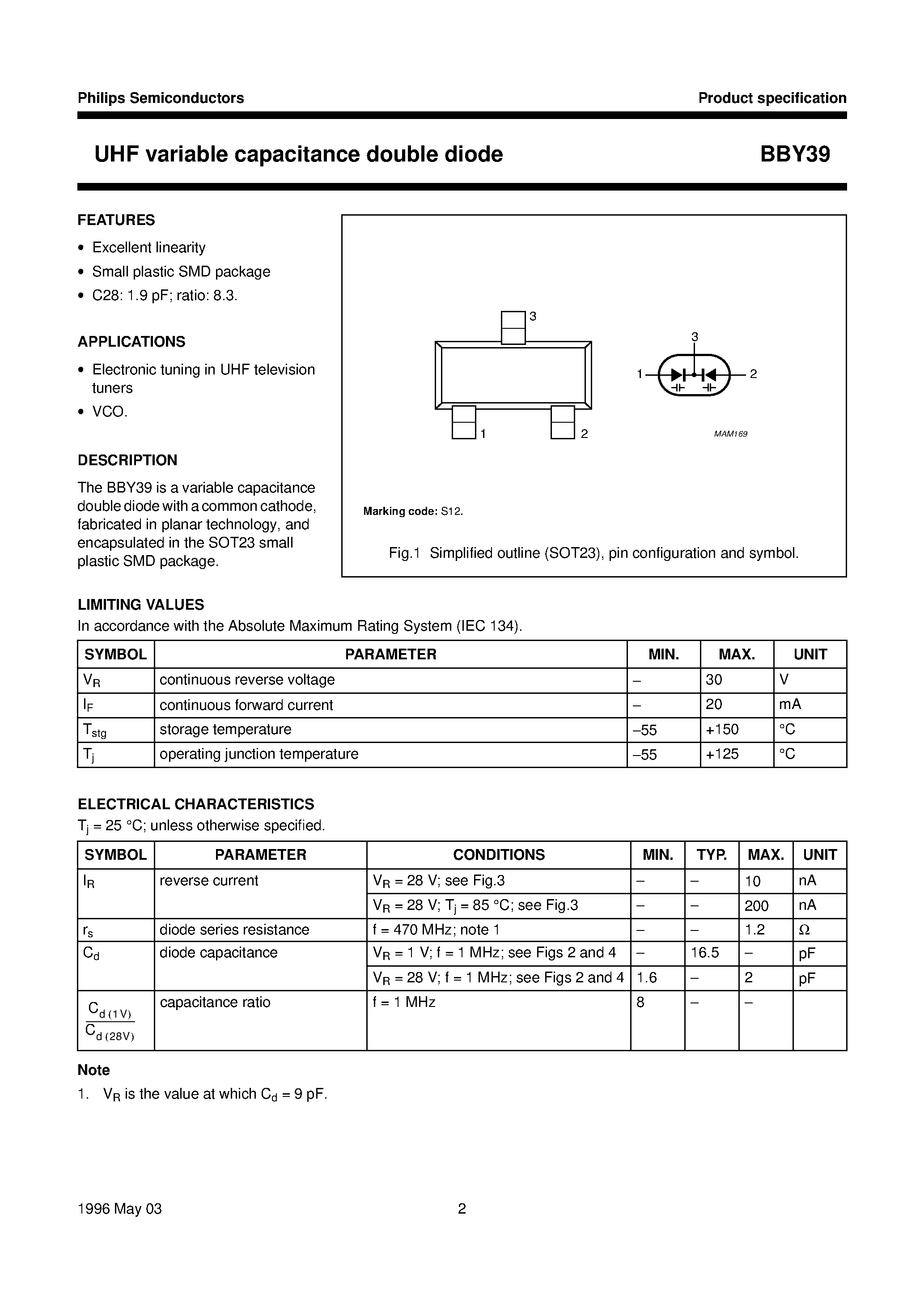 Datasheet BBY39 page 2 Datasheet BBY39 - UHF variable capacitance double diode page 2
