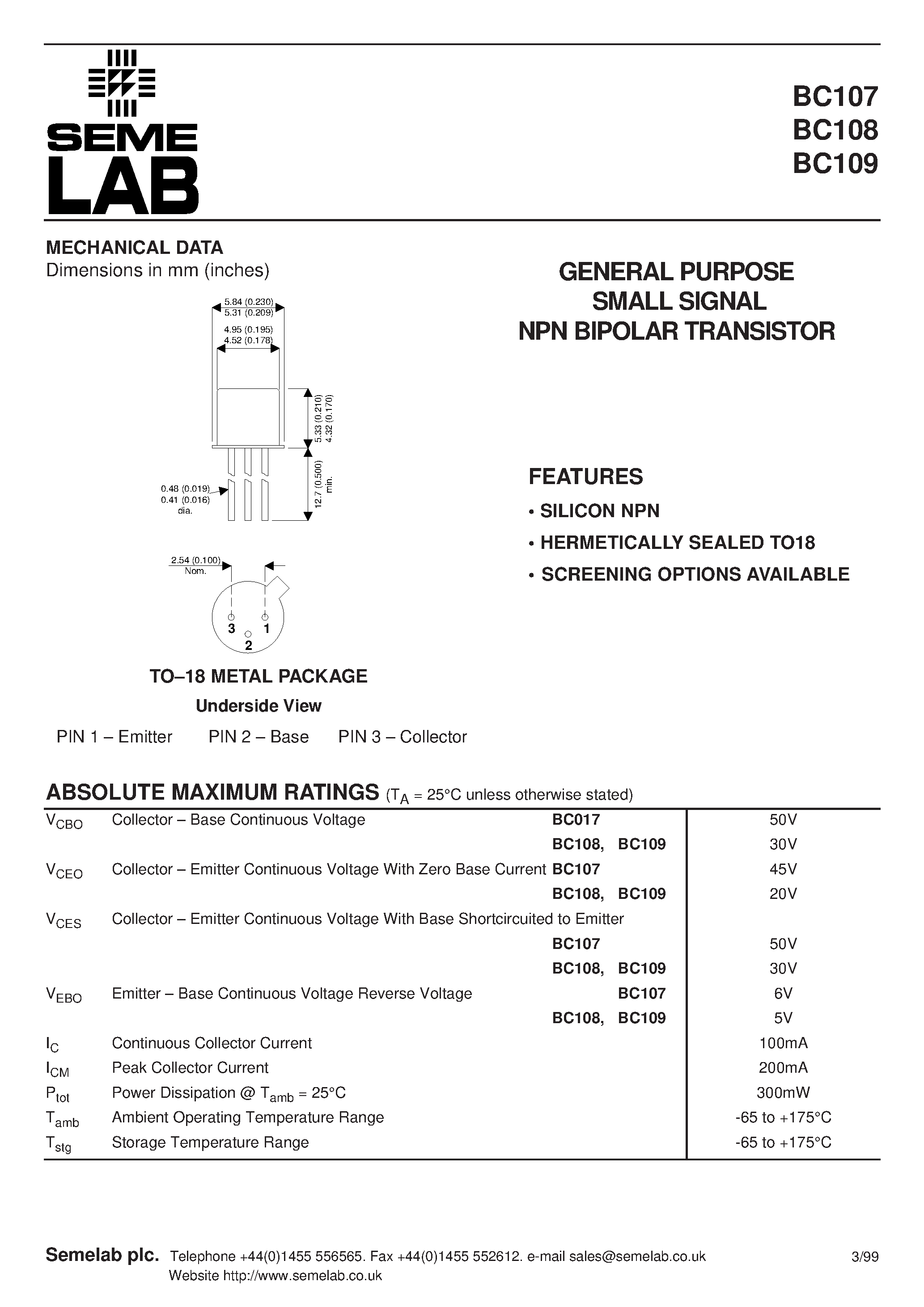 Datasheet BC109 page 1 Datasheet BC109 - GENERAL PURPOSE SMALL SIGNAL NPN BIPOLAR TRANSISTOR page 1