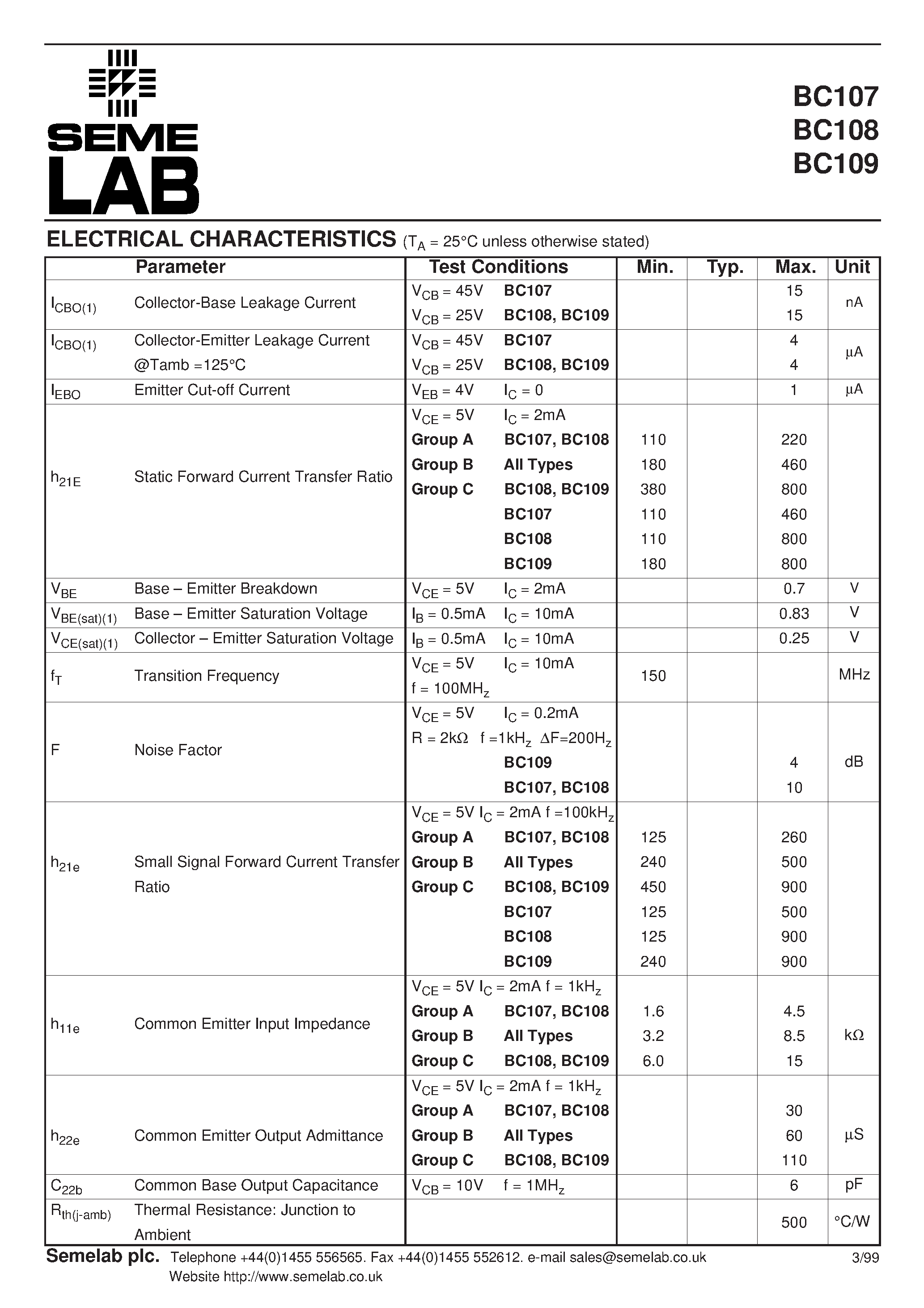 Datasheet BC109 page 2 Datasheet BC109 - GENERAL PURPOSE SMALL SIGNAL NPN BIPOLAR TRANSISTOR page 2