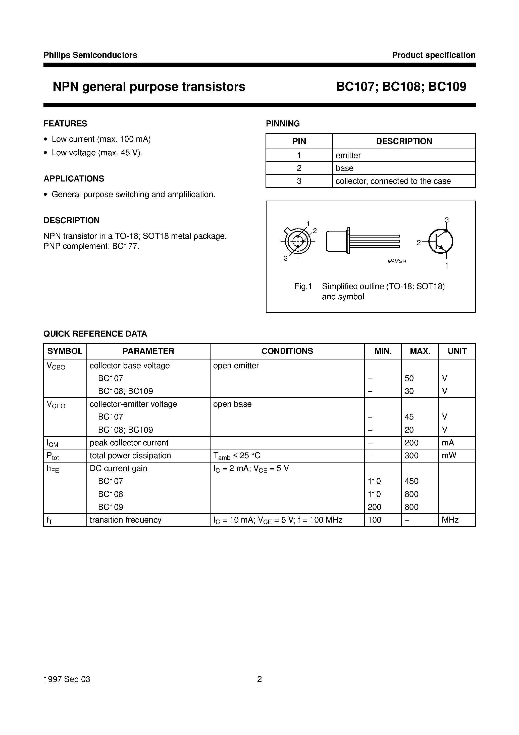 Даташит BC109 - NPN general purpose transistors страница 2