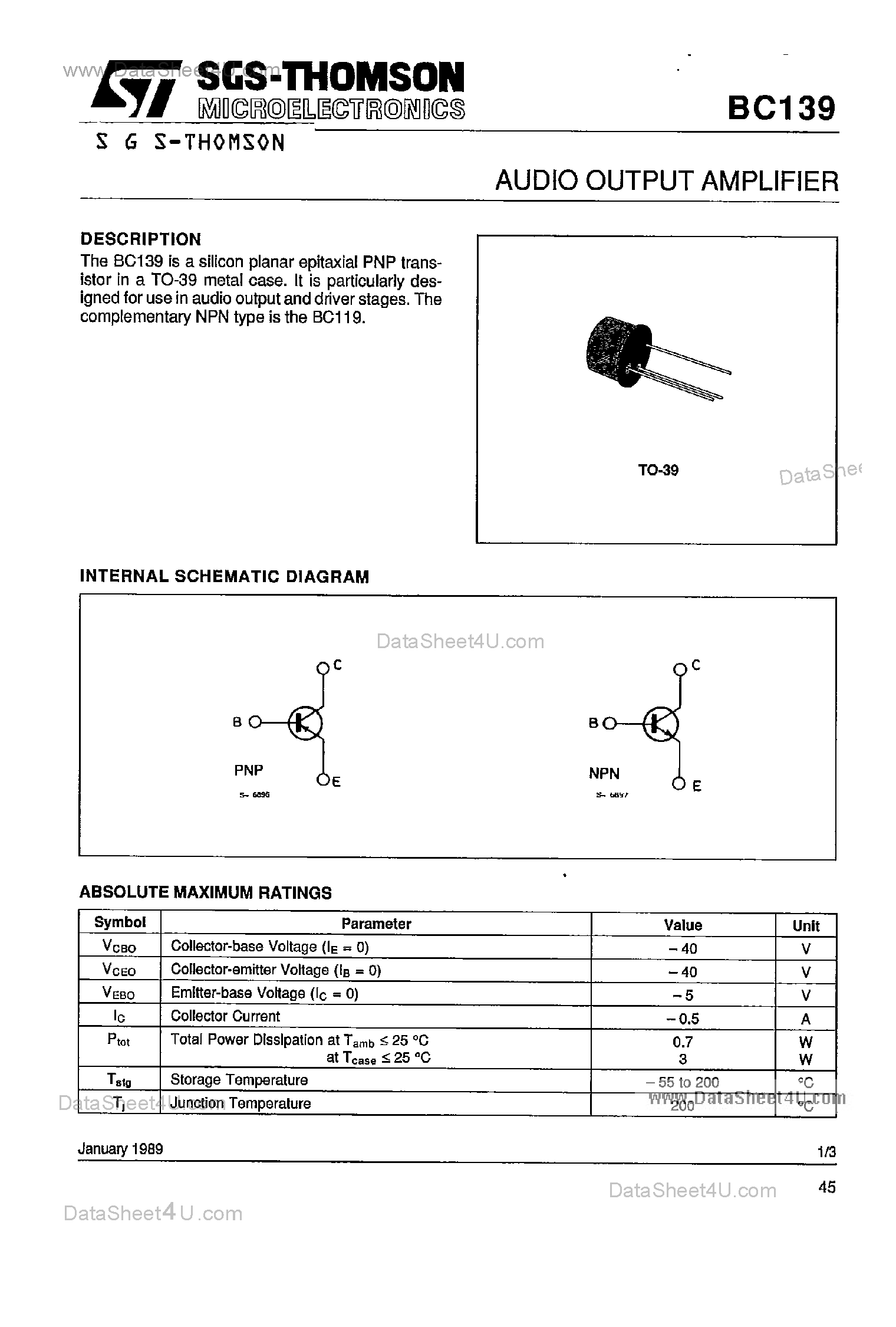 Даташит на микросхему BC139 страница 1 Даташит BC139 - AUDIO OUTPUT AMPLIFIER страница 1