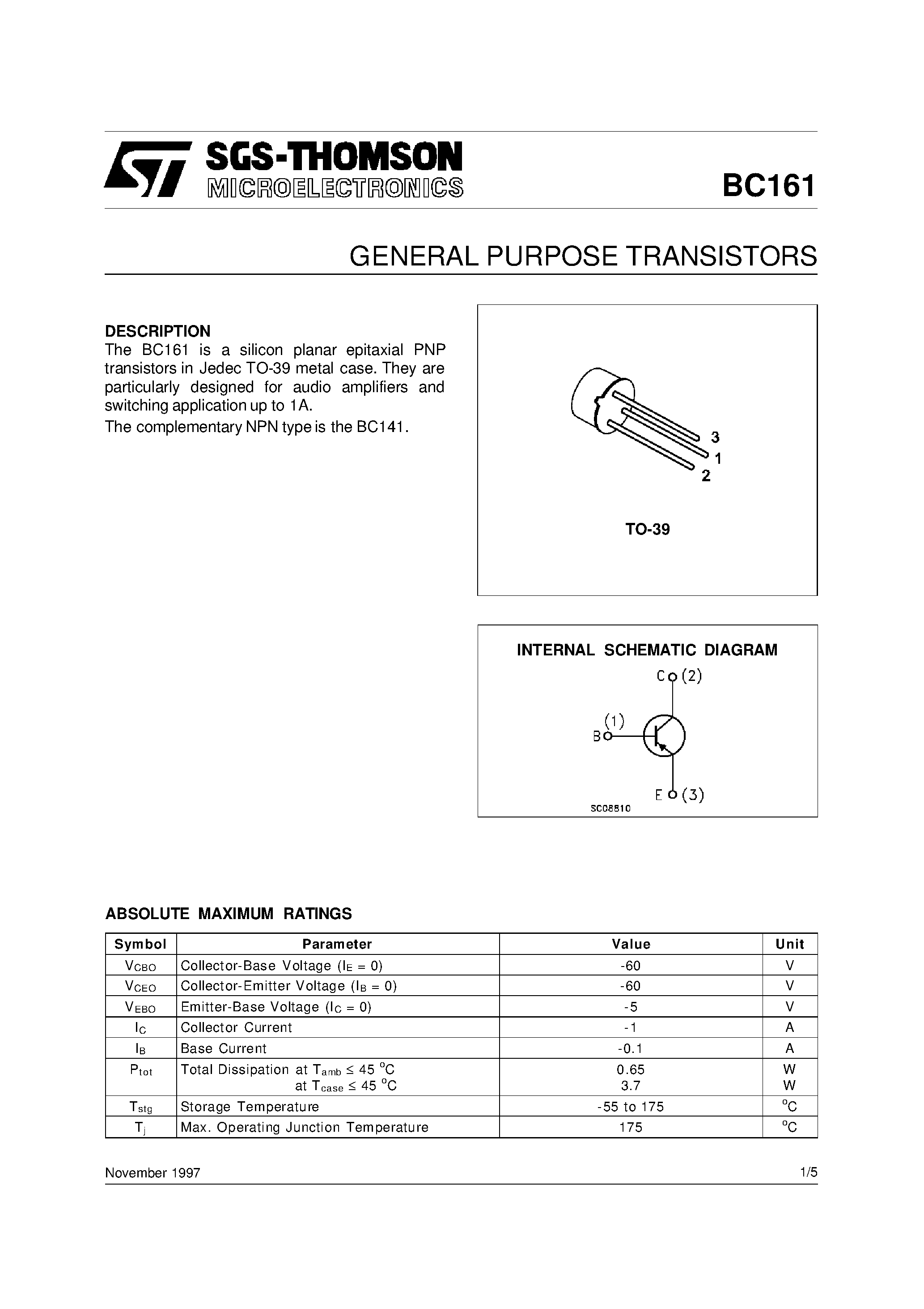 Даташит BC161 - GENERAL PURPOSE TRANSISTORS страница 1