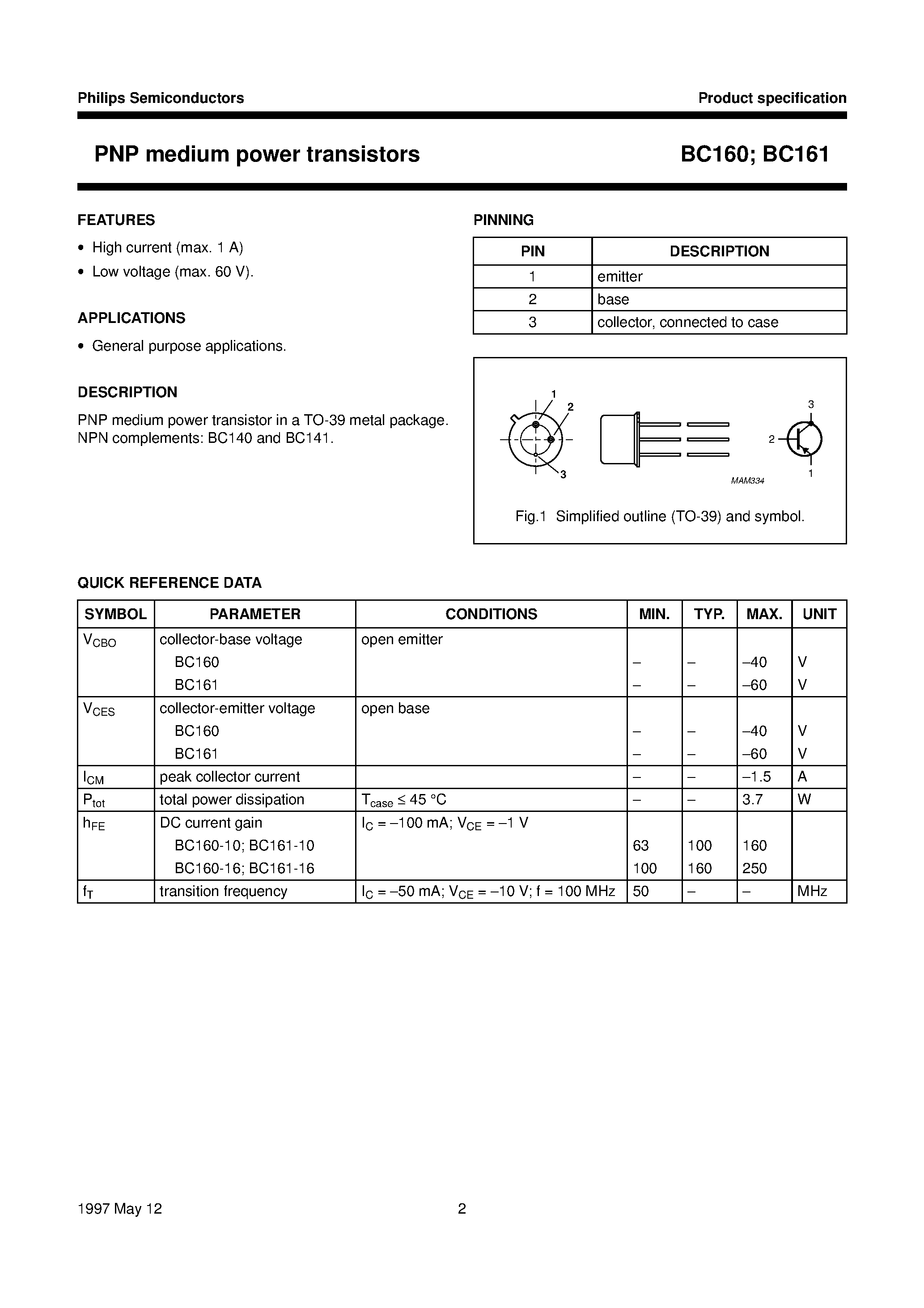 Даташит BC161 - PNP medium power transistors страница 2