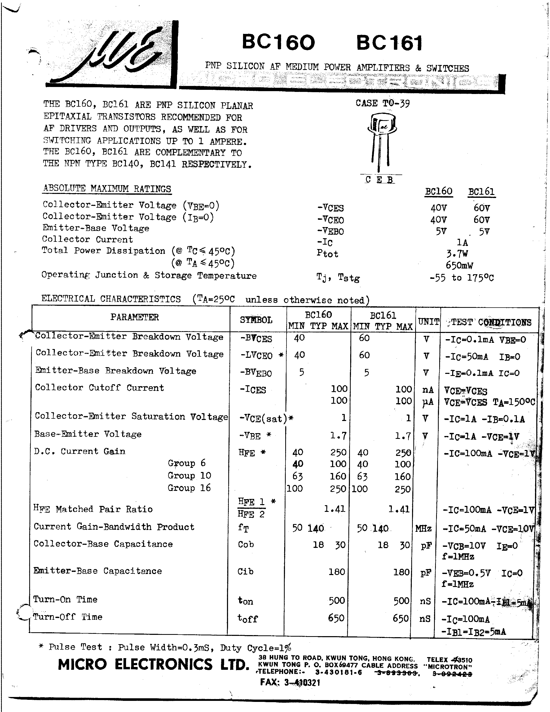 Datasheet BC161 page 1 Datasheet BC161 - PNP SILICON AF MEDIUM POWER AMPLIFIERS & SWITCHES page 1