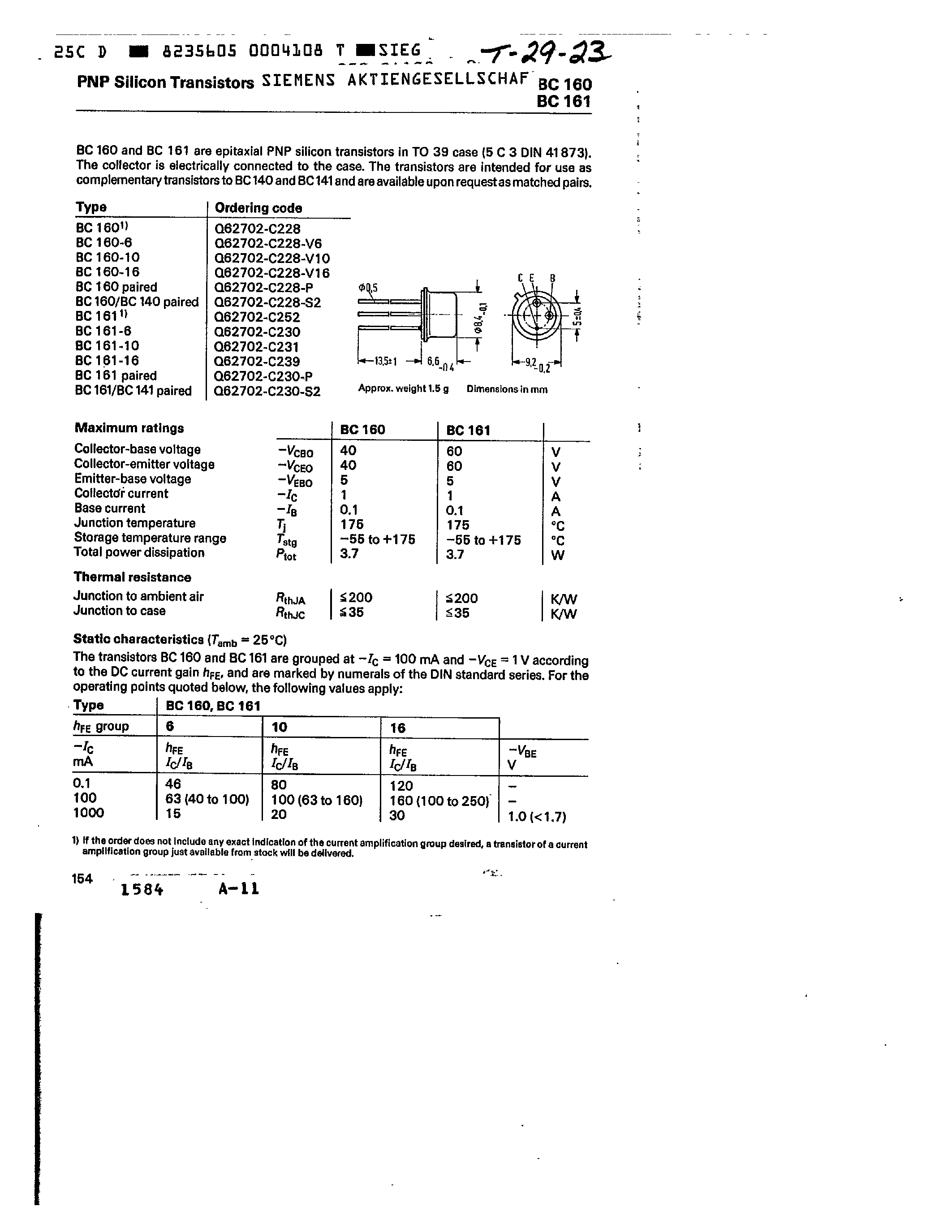 Даташит BC161-10 - PNP SILICON TRANSISTORS страница 1