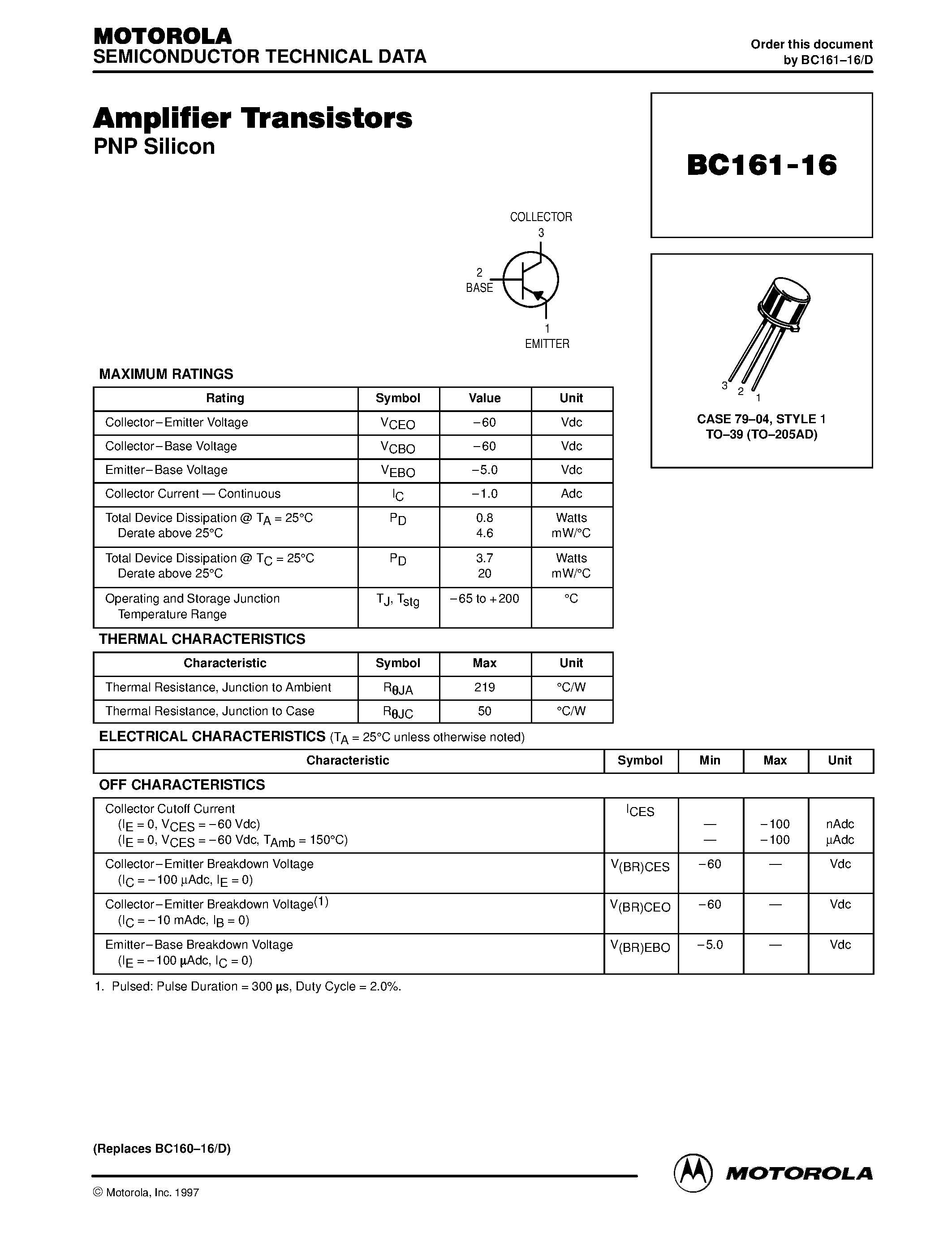 Datasheet BC16116 page 1 Datasheet BC16116 - Amplifier Transistors PNP Silicon page 1
