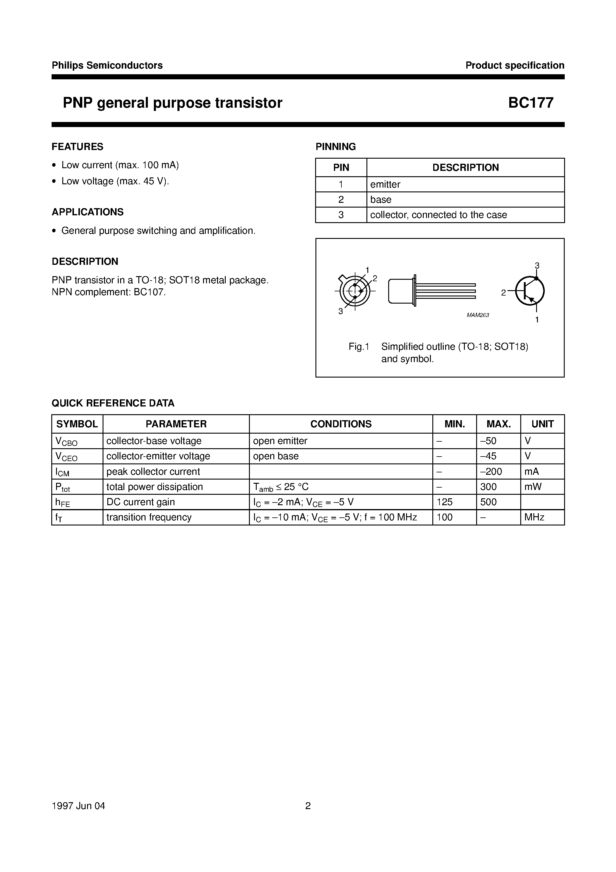 Datasheet BC177 page 2 Datasheet BC177 - PNP general purpose transistor page 2