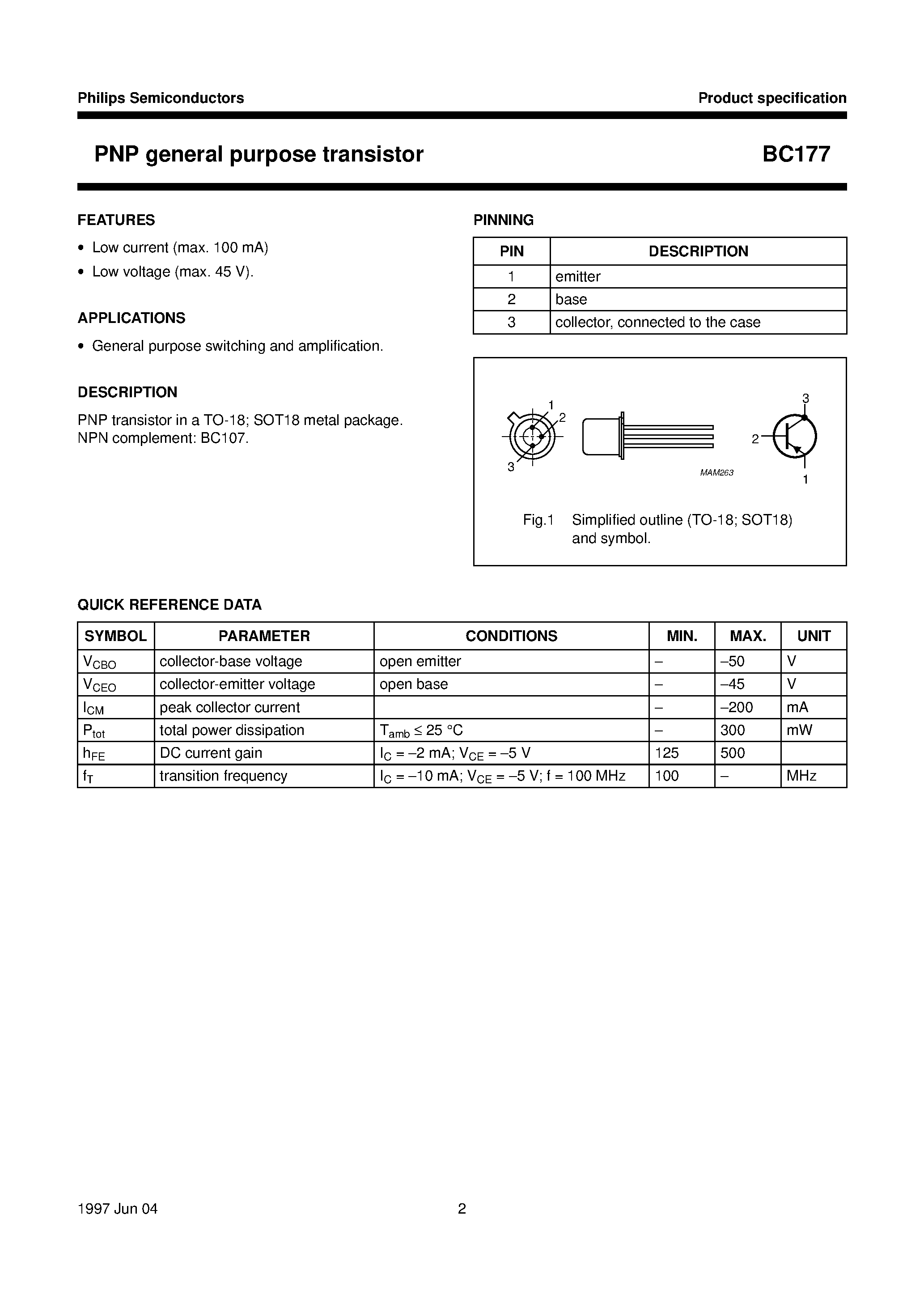 Даташит BC177 - PNP general purpose transistor страница 2