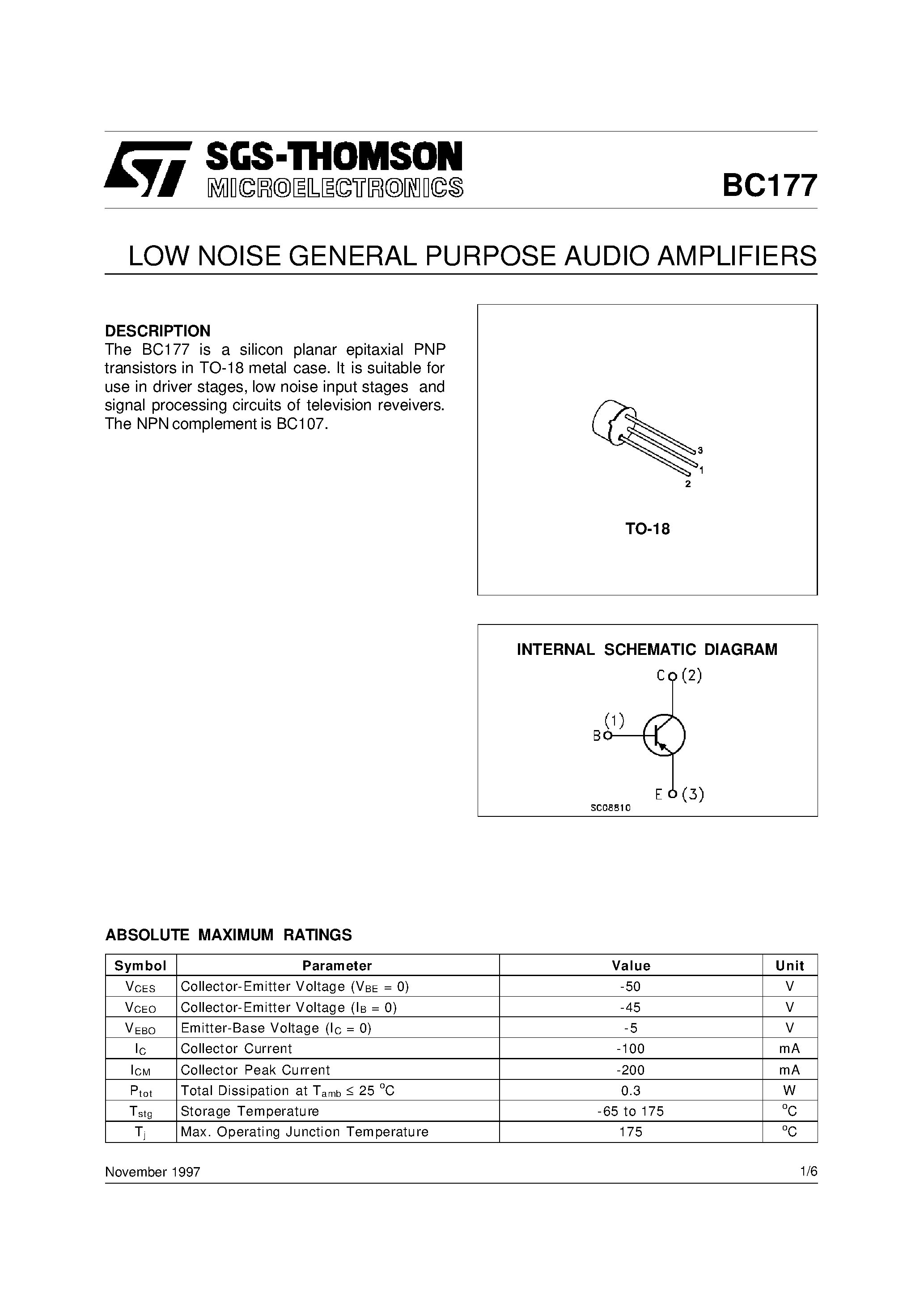 Datasheet BC177 page 1 Datasheet BC177 - LOW NOISE GENERAL PURPOSE AUDIO AMPLIFIERS page 1