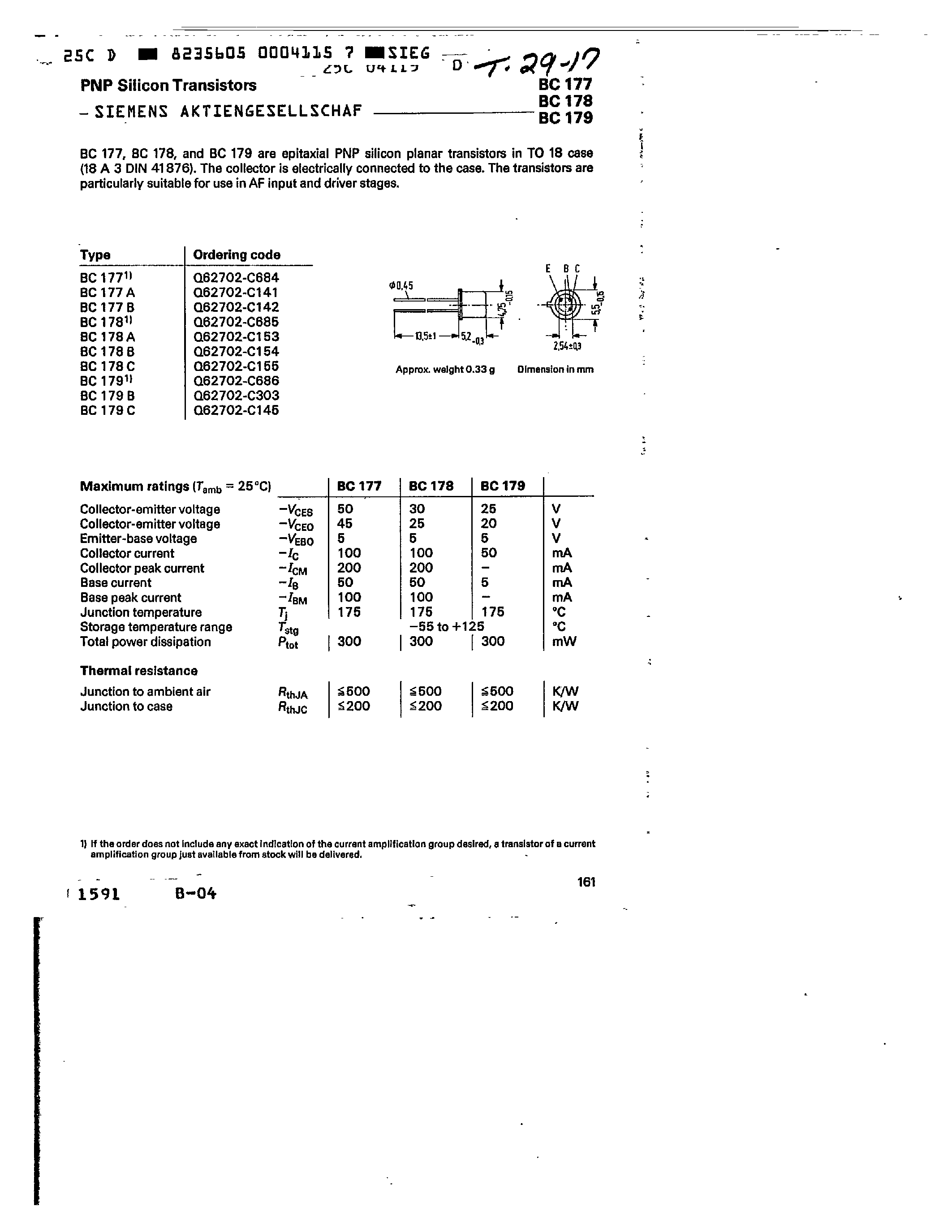 Datasheet BC179C page 1 Datasheet BC179C - PNP SILICON TRANSISTORS page 1
