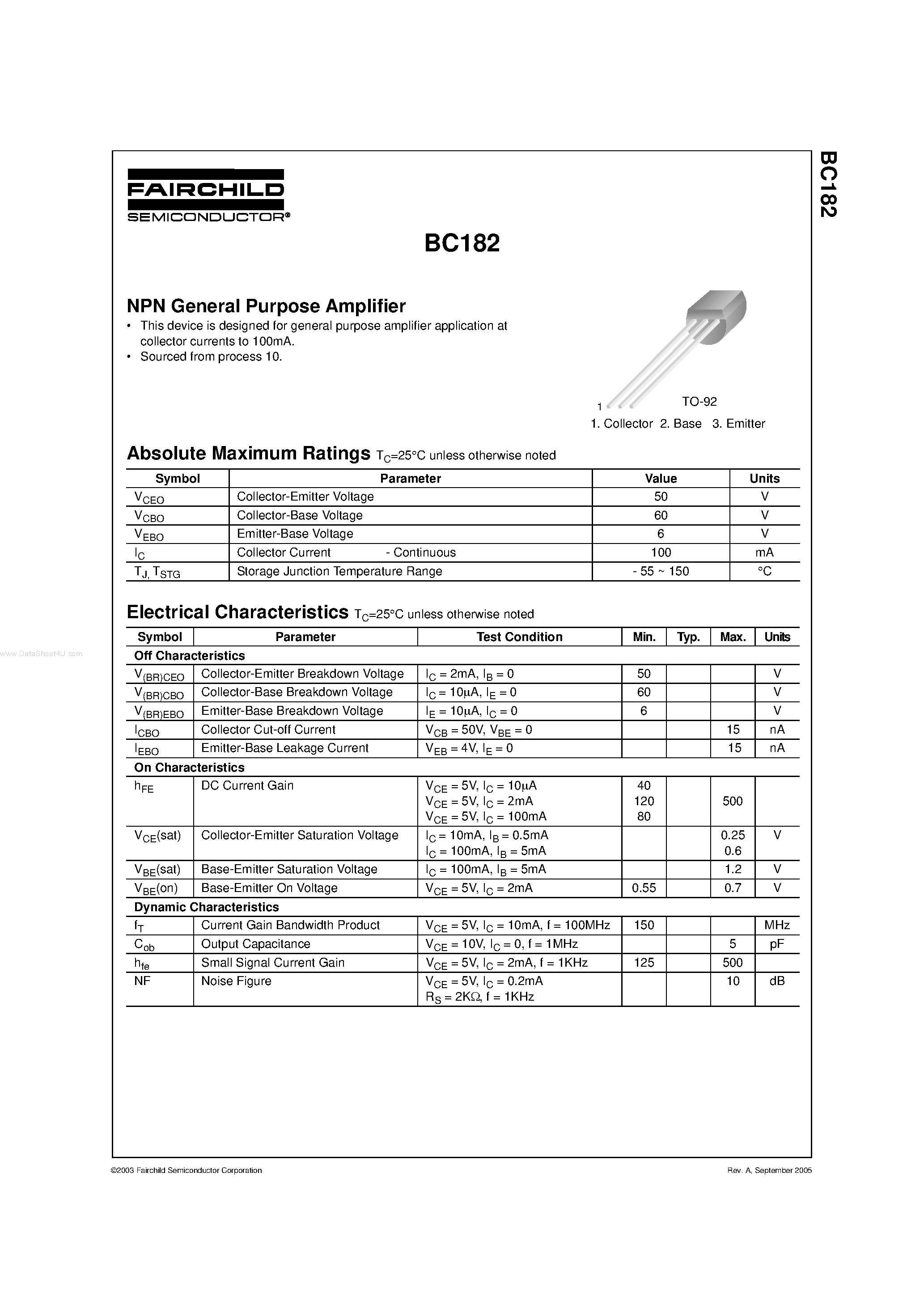Datasheet BC182 page 1 Datasheet BC182 - AMPLIFIER TRANSISTOR(NPN) page 1