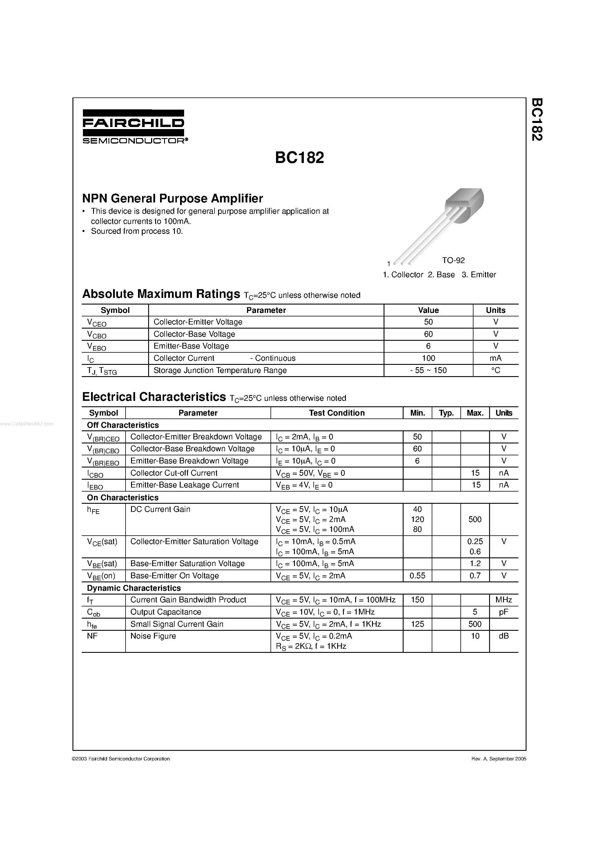 Datasheet BC182 - AMPLIFIER TRANSISTOR(NPN) page 1
