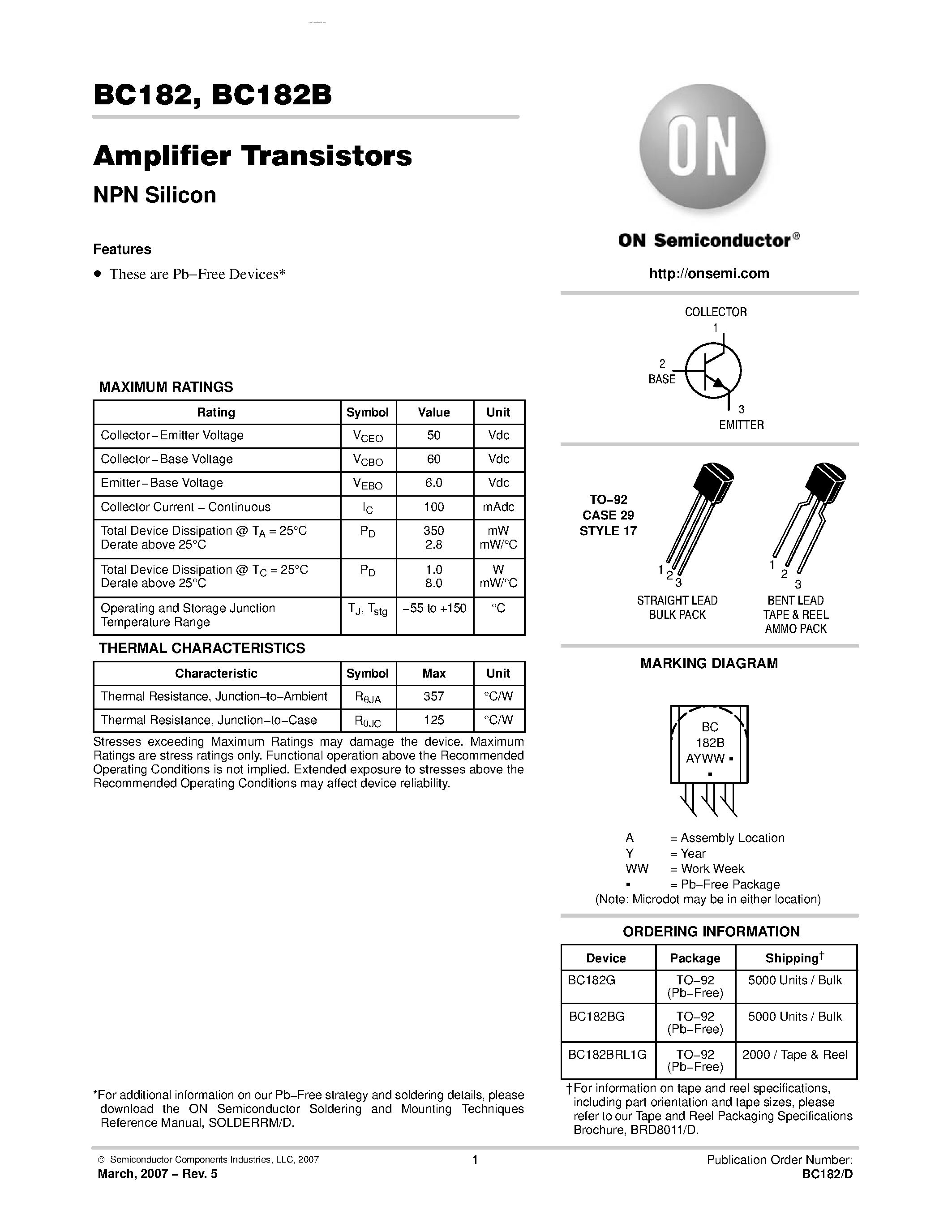 Datasheet BC182B - Amplifier Transistor page 1