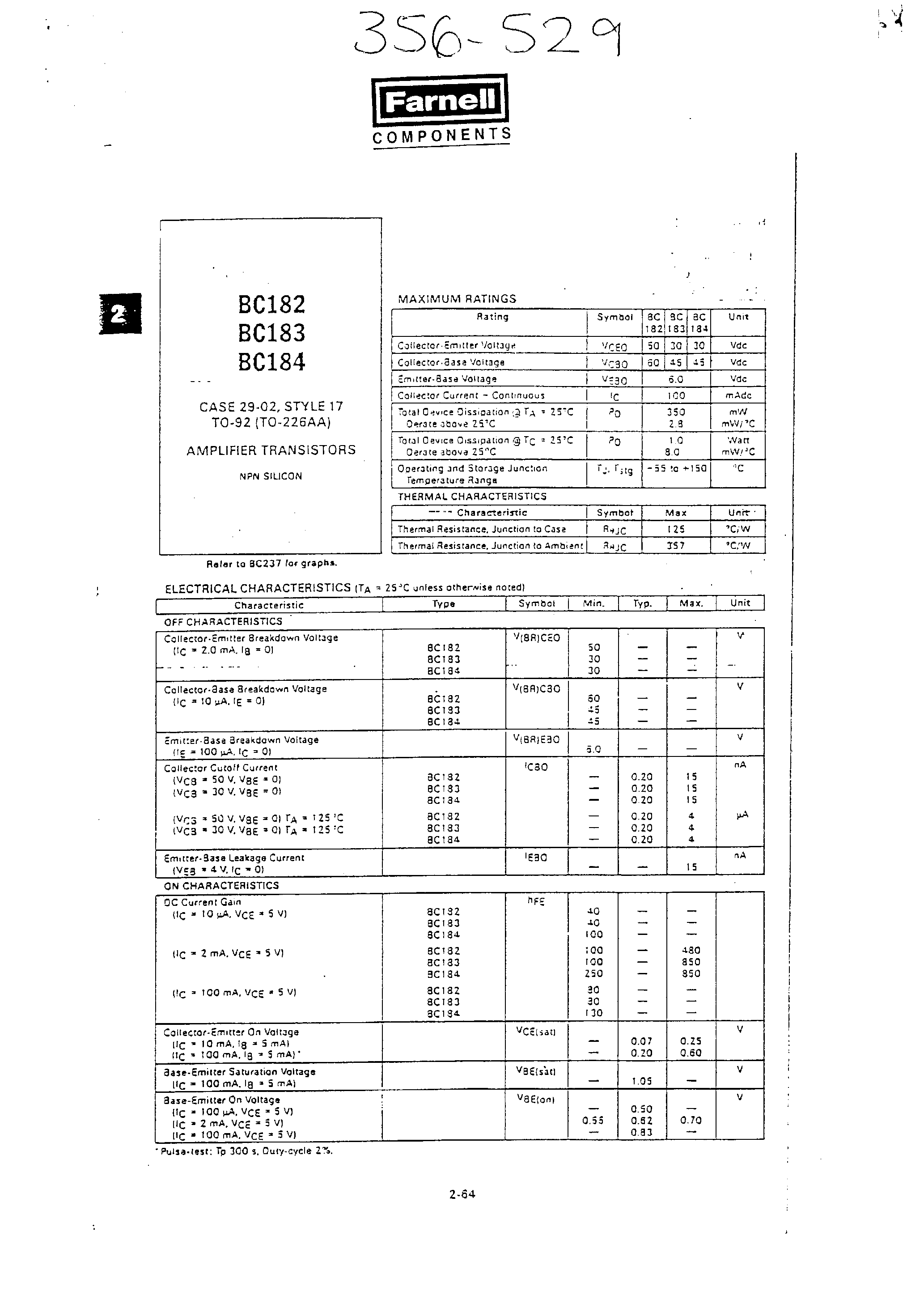 Datasheet BC184 page 1 Datasheet BC184 - AMPLIFIER TRANSISTOR(NPN) page 1