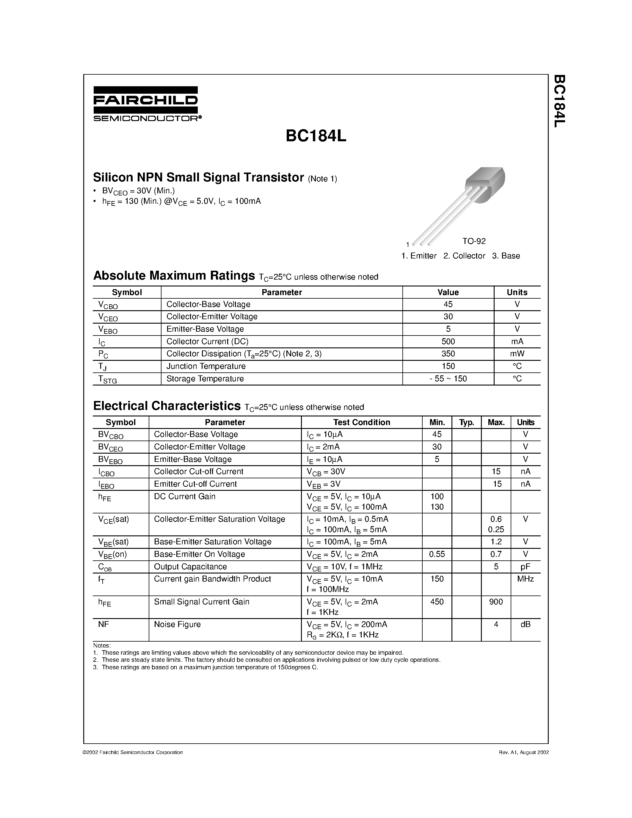 Даташит на микросхему BC184L страница 1 Даташит BC184L - SILICON NPN SMALL SIGNAL TRANSISTOR страница 1