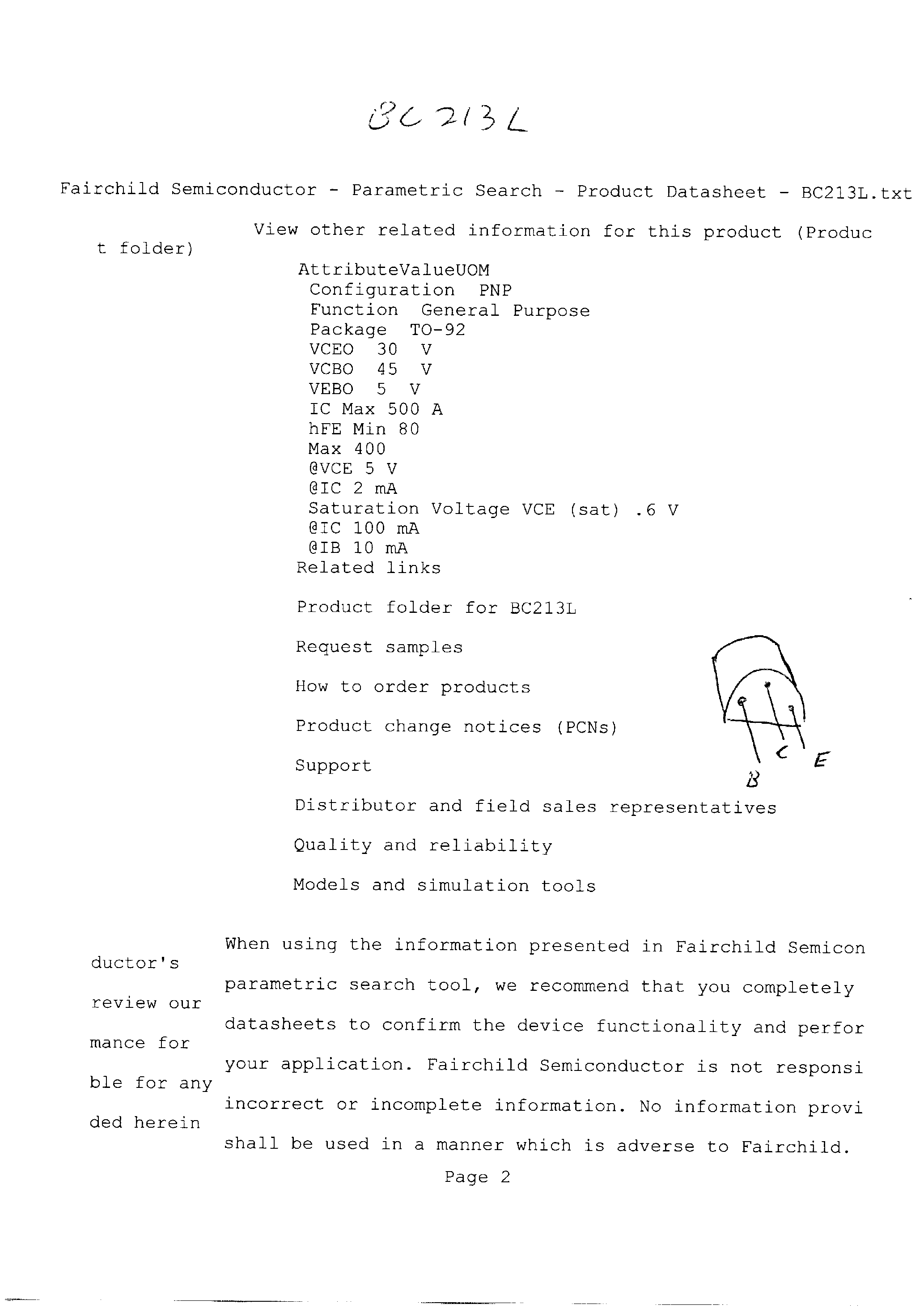 Даташит BC213L - View other related information for this product страница 1