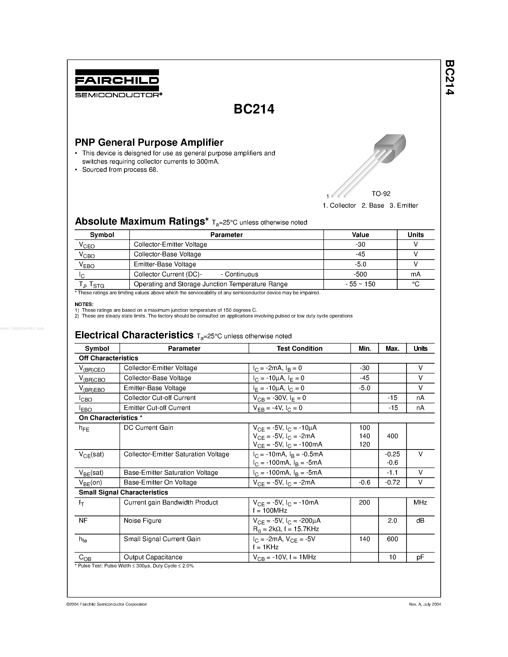 Datasheet Bc214 - Process 63 PNP Medium Power page 1