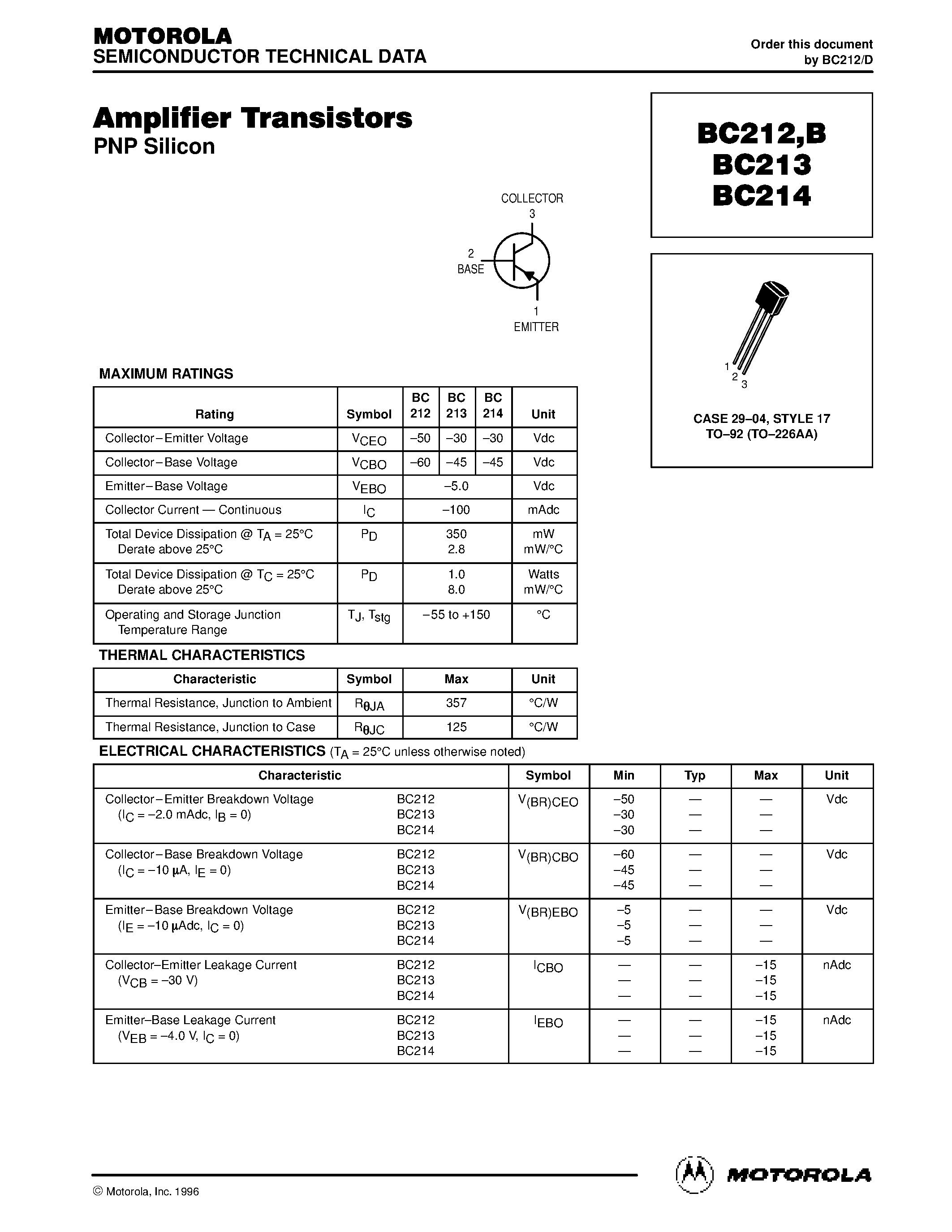 Datasheet BC214 - Amplifier Transistors(PNP Silicon) page 1
