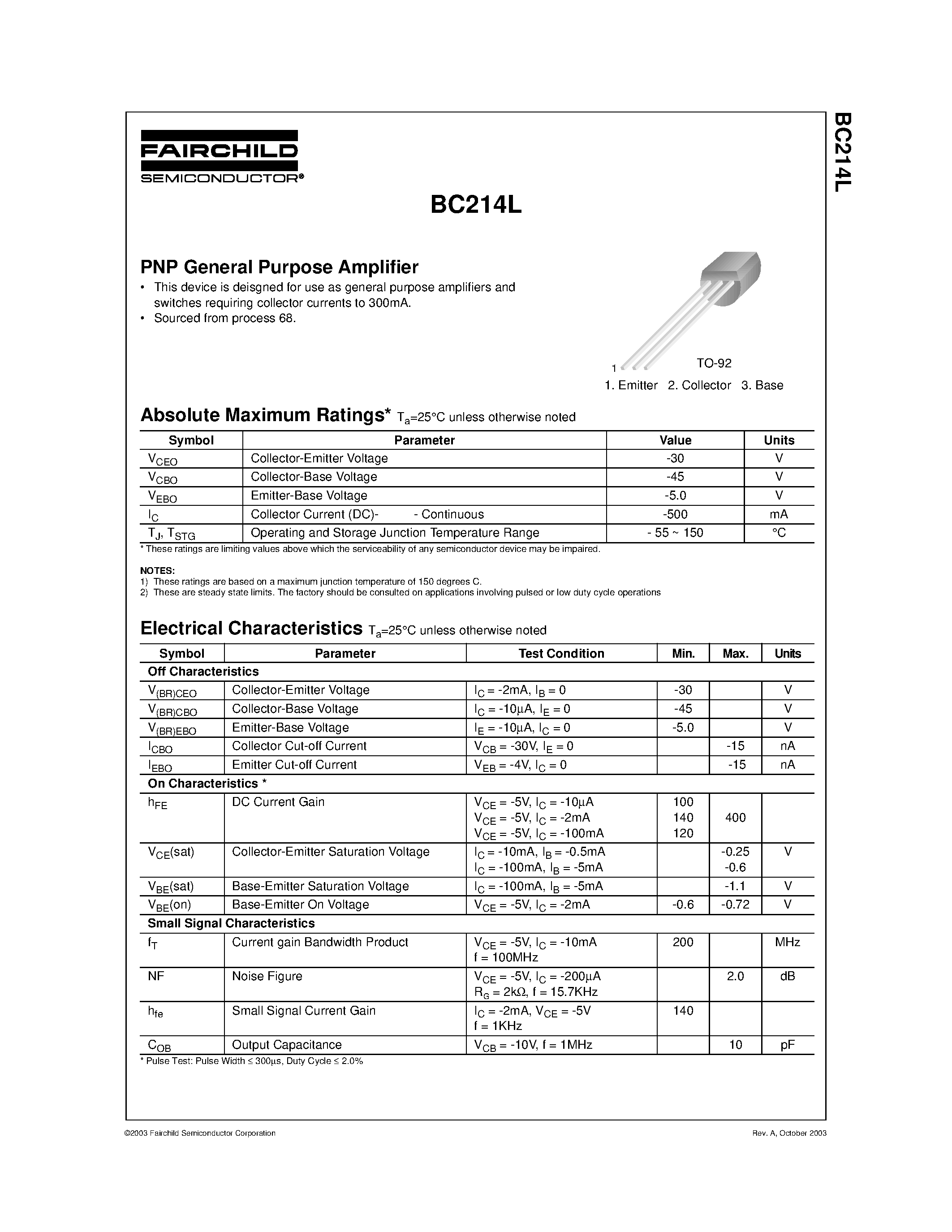 Datasheet BC214L - PNP General Purpose Amplifier page 1