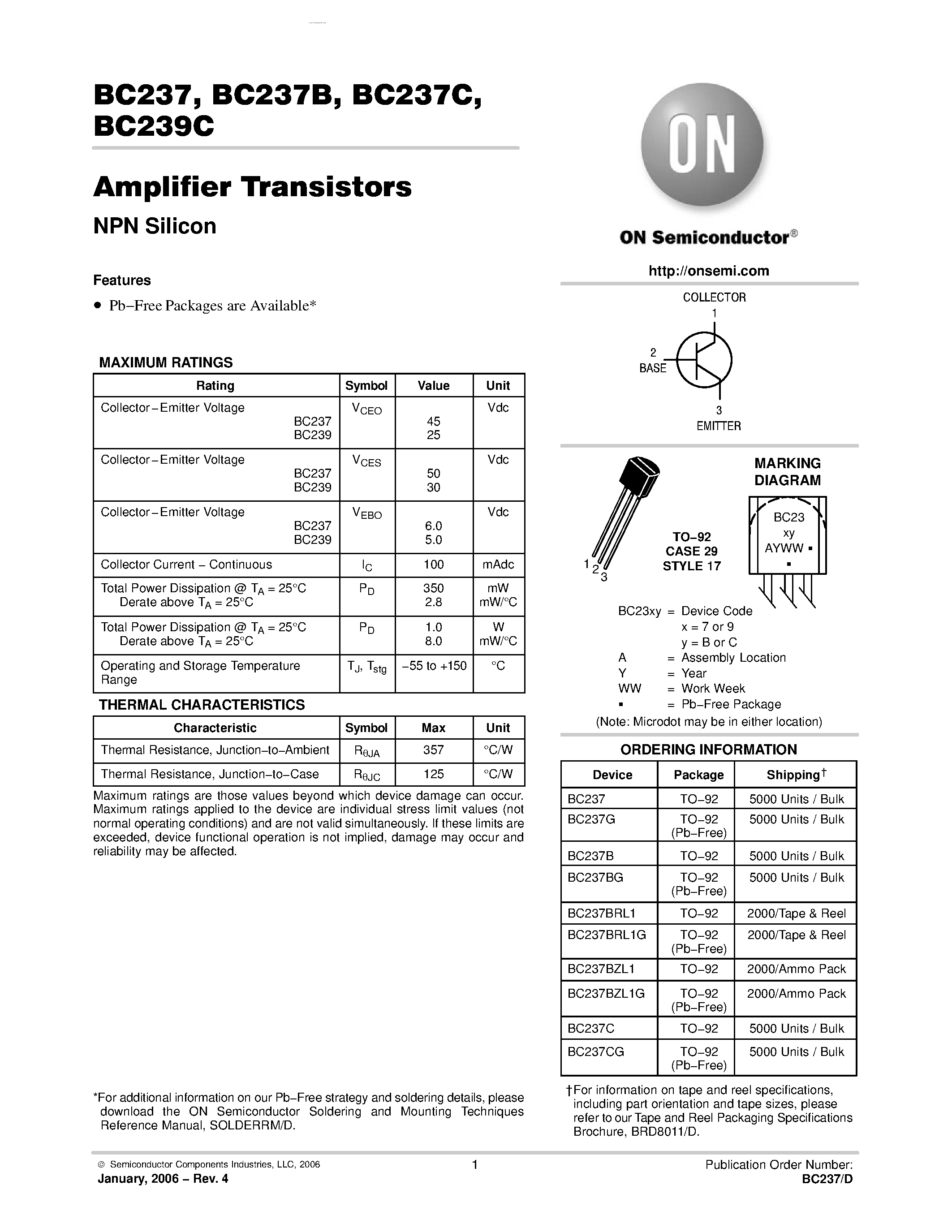 Datasheet BC237 - Amplifier Transistors(NPN Silicon) page 1