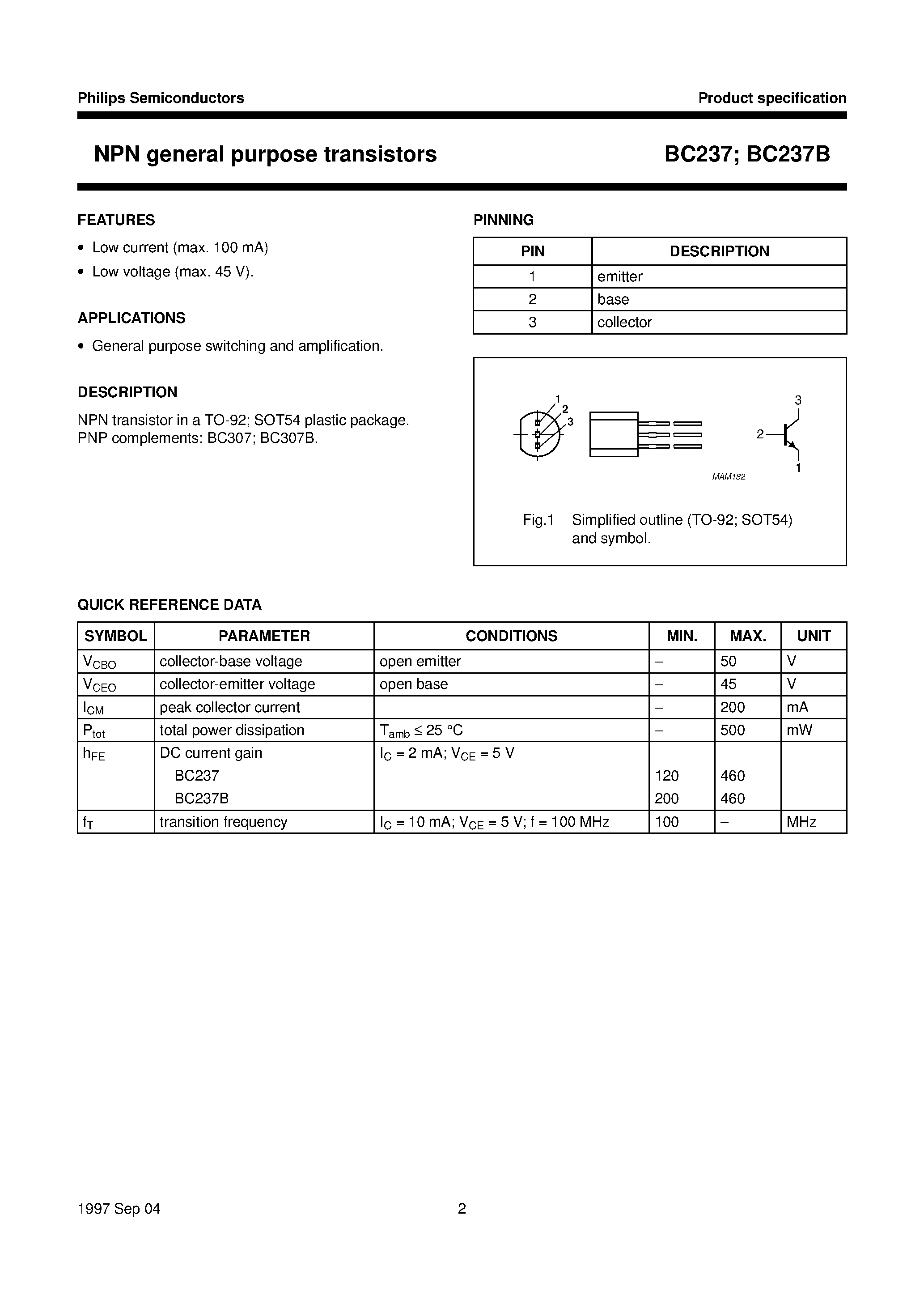 Даташит BC237 - NPN general purpose transistors страница 2