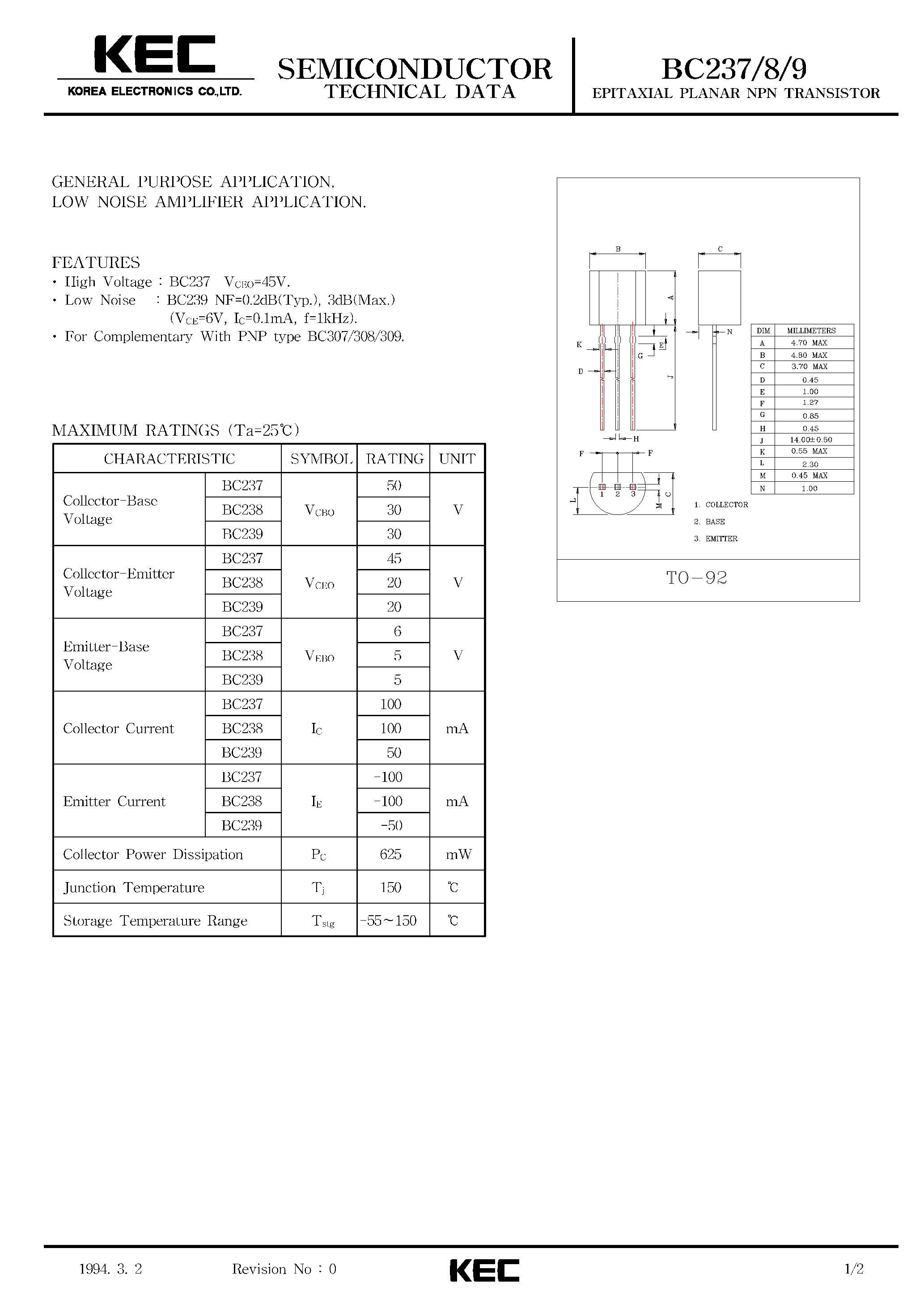 Даташит BC237 - EPITAXIAL PLANAR NPN TRANSISTOR (GENERAL PURPOSE / LOW NOISE AMPLIFIER) страница 1