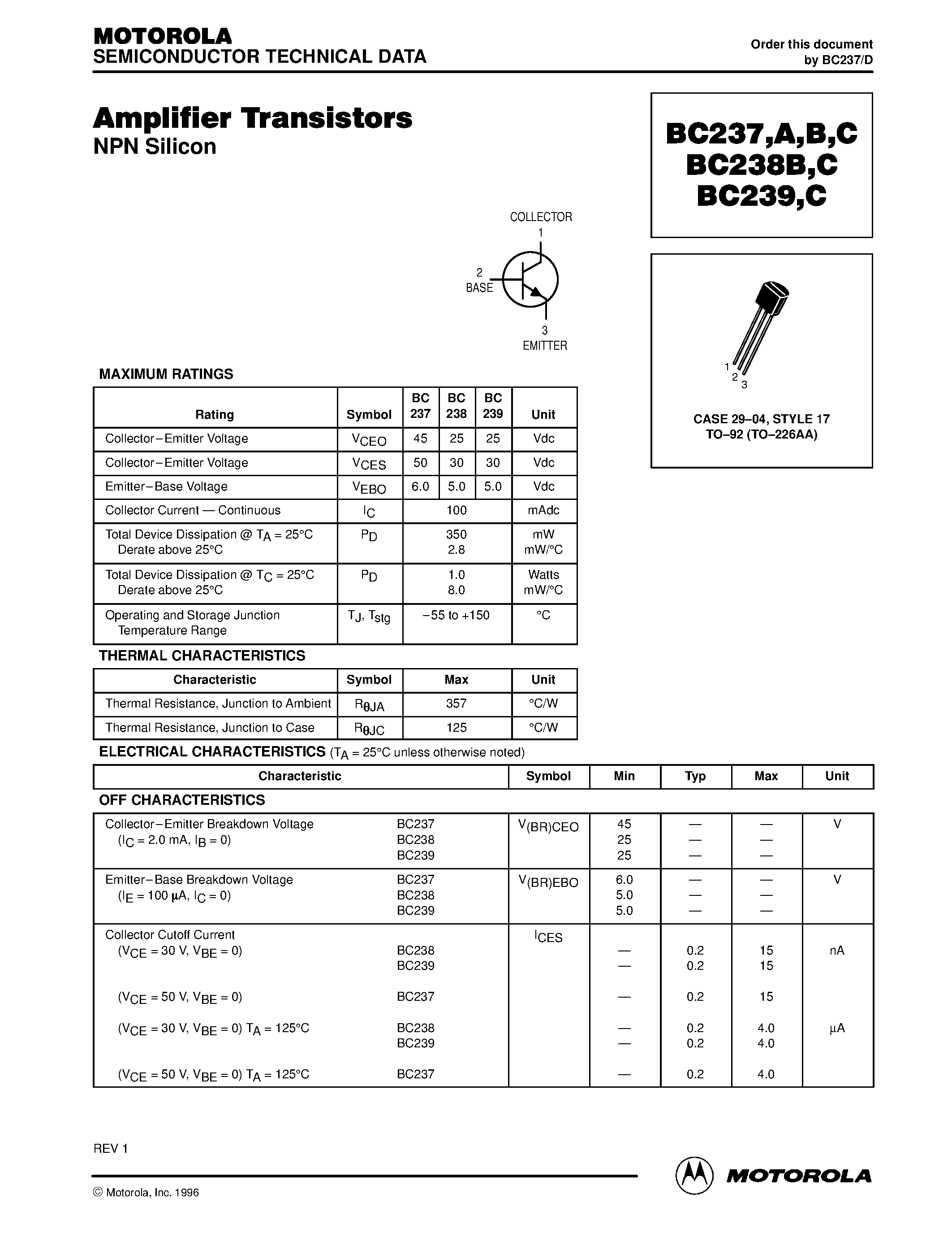 Datasheet BC237A - Amplifier Transistors(NPN Silicon) page 1